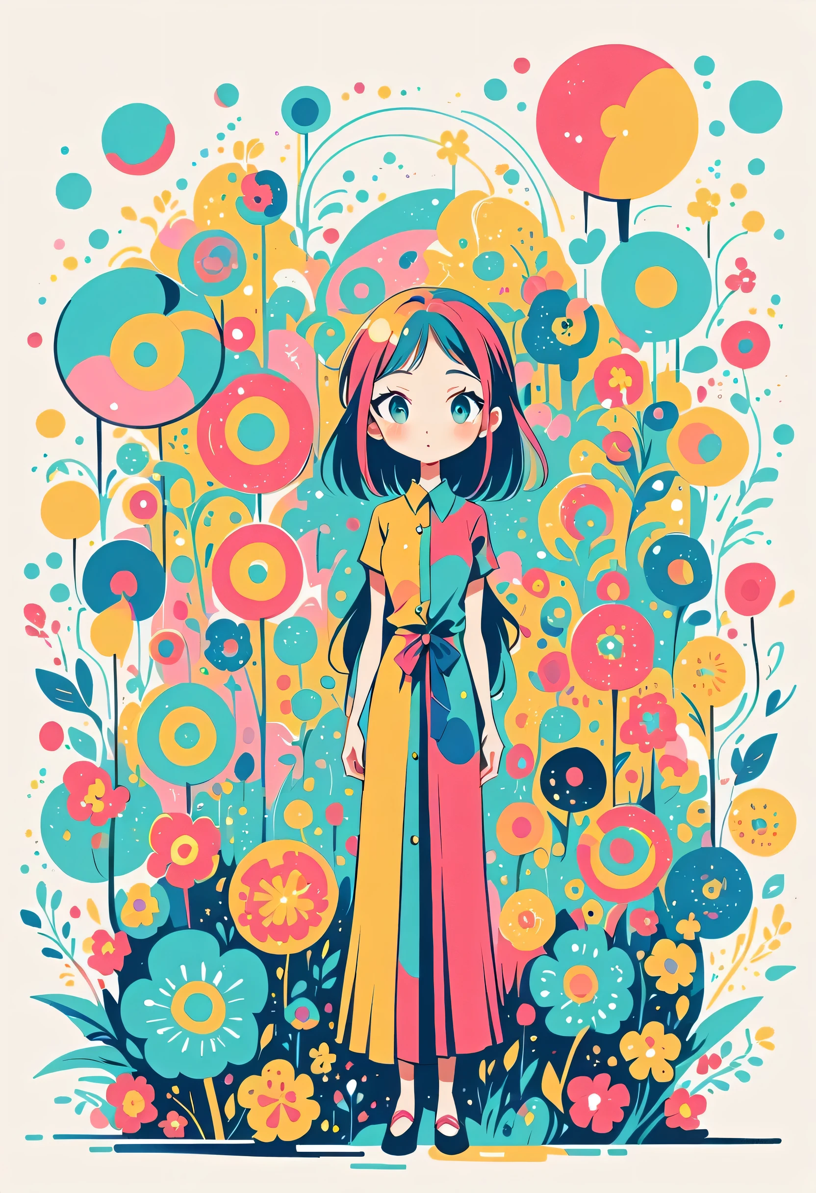Watase Seizo style, Standing in front of a high wall,Simple Line Initialism,Abstract art,((Urban Background)), (((The most beautiful girl))), colorful flowers
