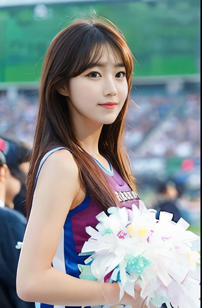 SDGAHSJ,1 Girl,Asian,Cheerleader,(background: stadium),outdoor,looking at the audience,photoPractical,Practical,Solitary,Flowers,Blue sky and white clouds,audience,Top number,underwear,ultra HD resolution,ultra-fine face,long eyelashes,very detailed lips,delicate eyes,double eyelids,makeup face. hair accessories,elegant,enchanting,photorealistic,realistic