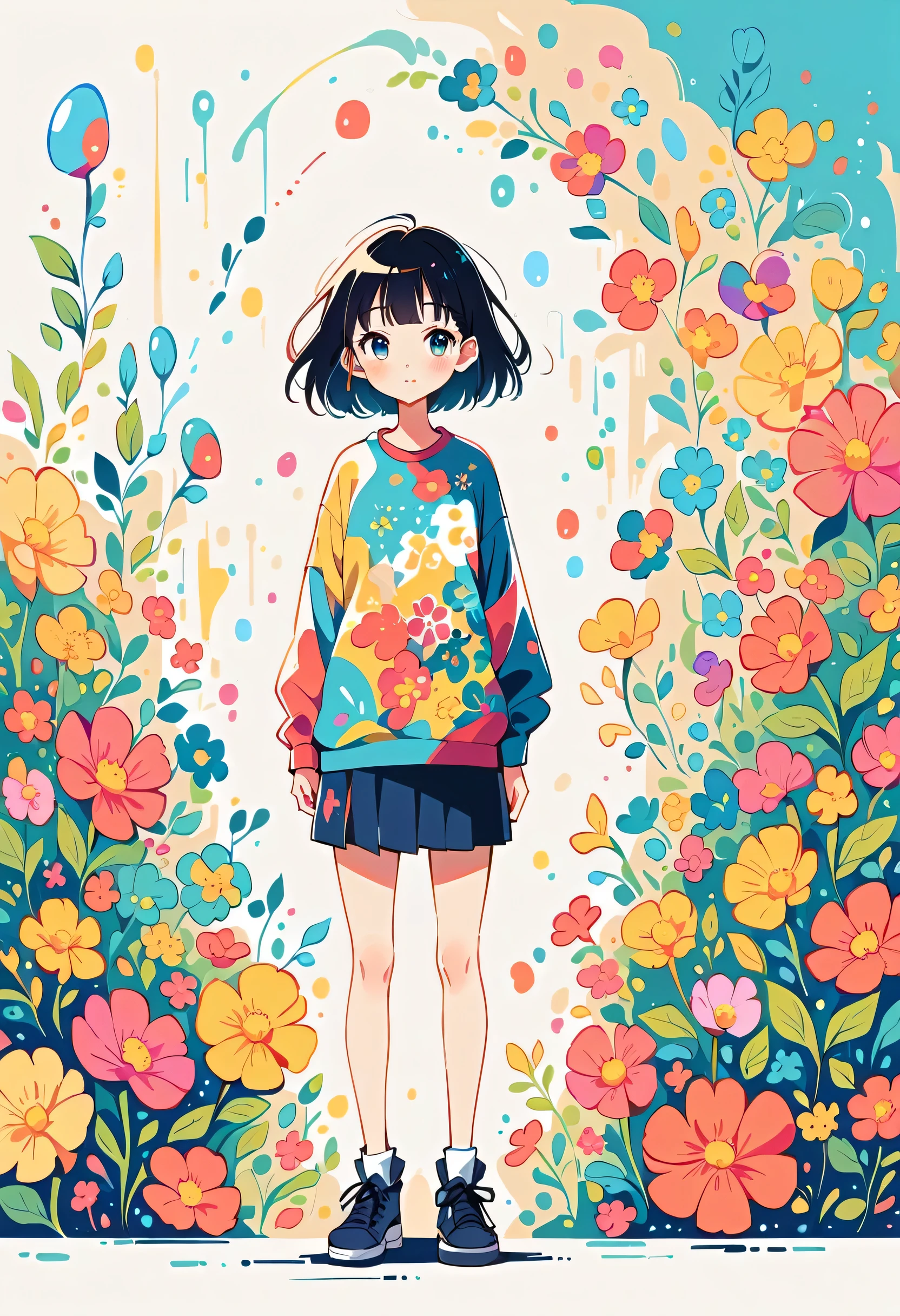 Watase Seizo style, Standing in front of a high wall,Simple Line Initialism,Abstract art,Urban Background, (((The most beautiful girl))), colorful flowers