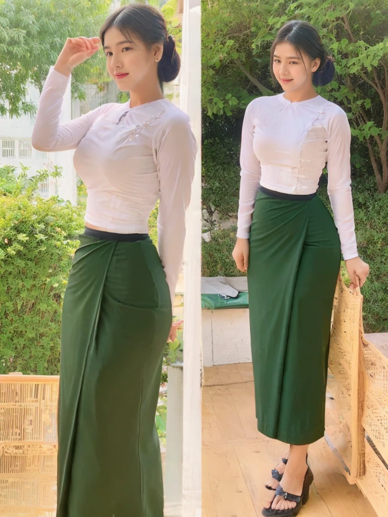 A school teacher is 30years old.Tall, thin, big hips, big breasts, black hair, small lips, brown eyes, attractive, 64K.Top=white Burmese blouse,With long sleeves,Buttoned at the side.Bottom=(Dark green) long skirt.
Footwear=female Burmese sandals,The hair is knotted bun.