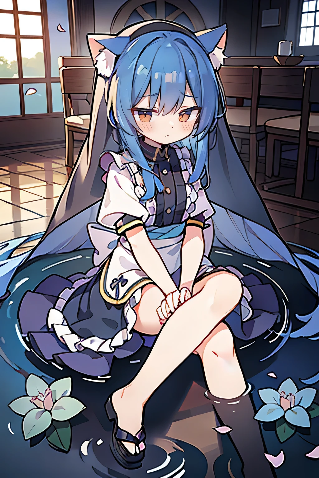 (masterpiece:1.2),Extremely detailed,Practical,expressive eyes,Fair skin,Perfect face shaping,1 Girl,
Japanese cartoons,Gorgeous blue hair, the long flowing blue hair,Floating clothes,Cat ears,Petals fall,beautiful lola,Young Angel,
Place your hands on your waist,sit elegantly on the ground,Cross your legs,Gentle and peaceful background,stately church,nun,lie on the water,Blackening,A look of disdain.