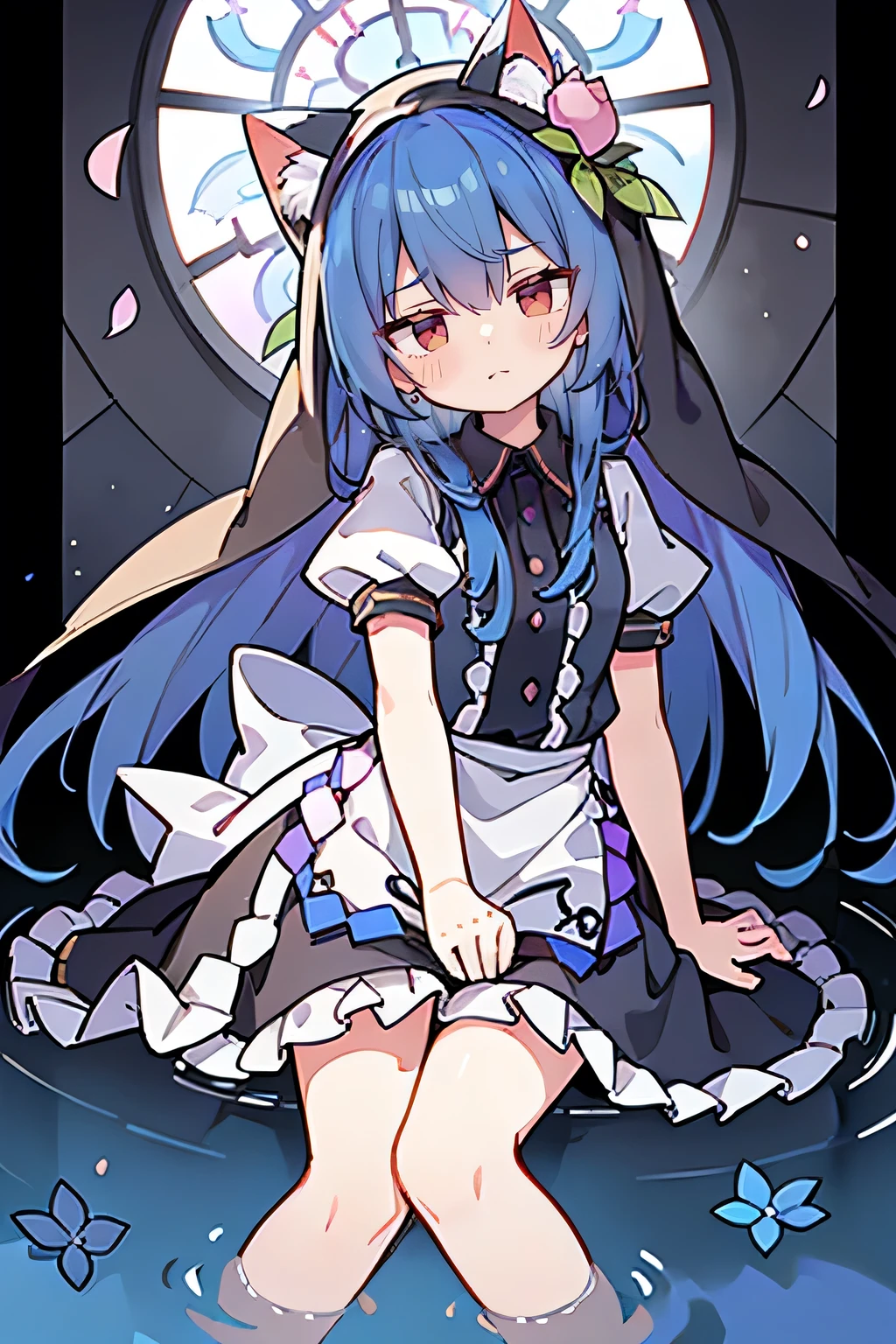 (masterpiece:1.2),Extremely detailed,Practical,expressive eyes,Fair skin,Perfect face shaping,1 Girl,
Japanese cartoons,Gorgeous blue hair, the long flowing blue hair,Floating clothes,Cat ears,Petals fall,beautiful lola,Young Angel,
Place your hands on your waist,sit elegantly on the ground,Cross your legs,Gentle and peaceful background,stately church,nun,lie on the water,Blackening,A look of disdain.