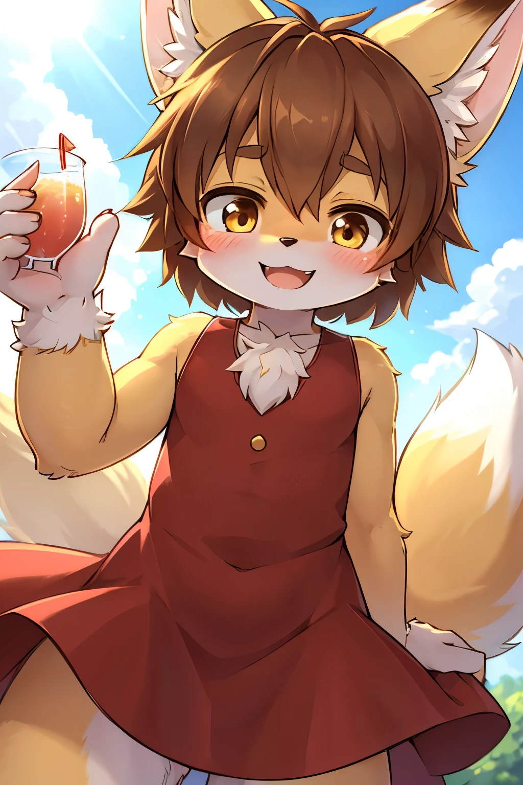 (a small male furry humanoid fennec fox boy with light brown hair and yellow fur), wearing a red cocktail dress, happy, blush, tamachira, dynamic angle