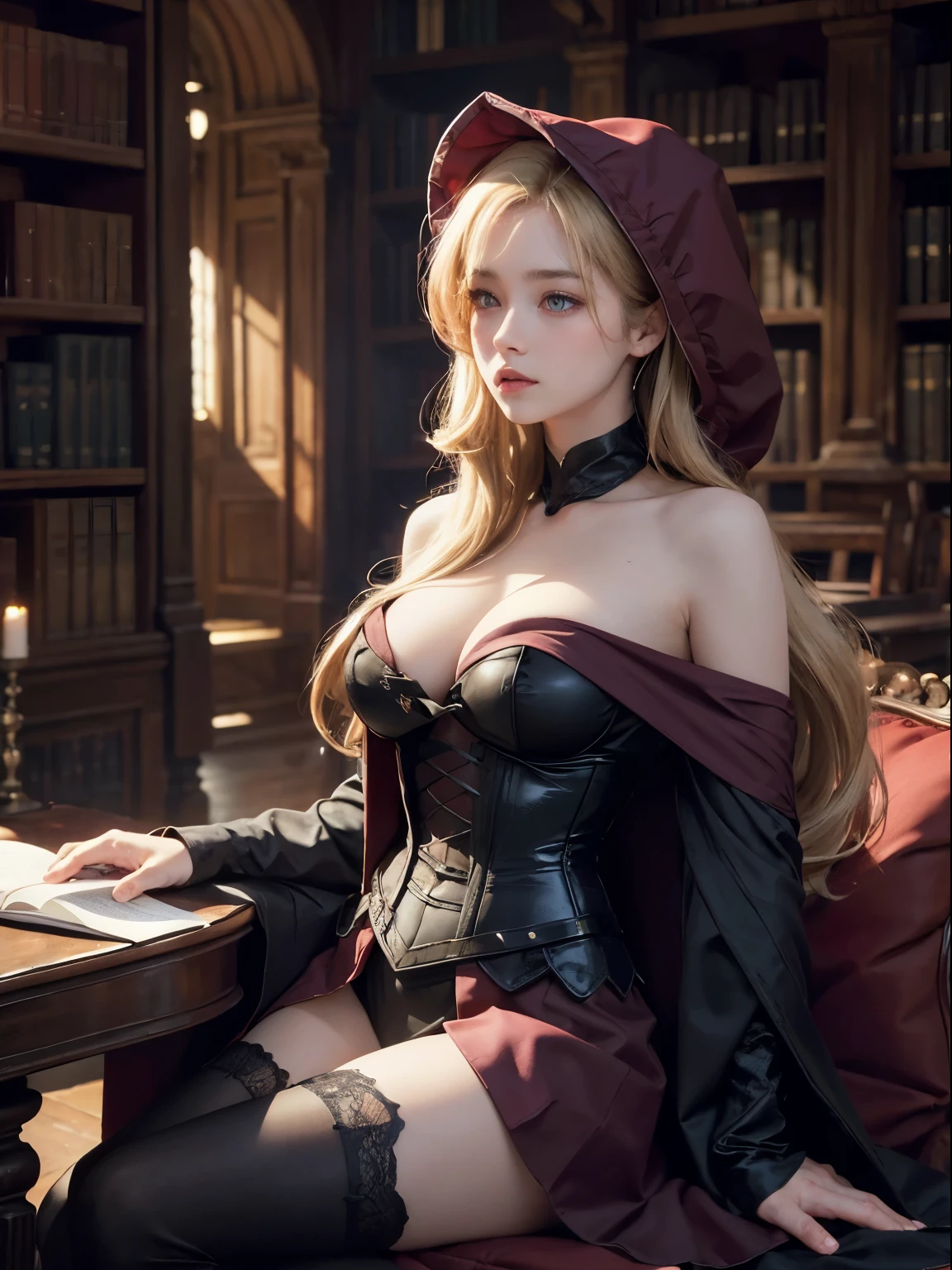 a 14 yo girl, whole body, wearing huge maroon hood up with black corset underneath, serious face, girl wearing a maroon off shoulder robe, wolf blonde hair with blue eyes, black corset, trimmed leg wear, huge maroon hood up, gorgeous face, high resolution, detailed face, not smiling, long hall library background, dark theme, soothing tones, muted colors, high contrast, looking away (natural skin texture, hyperrealism, soft light, sharp) library background,