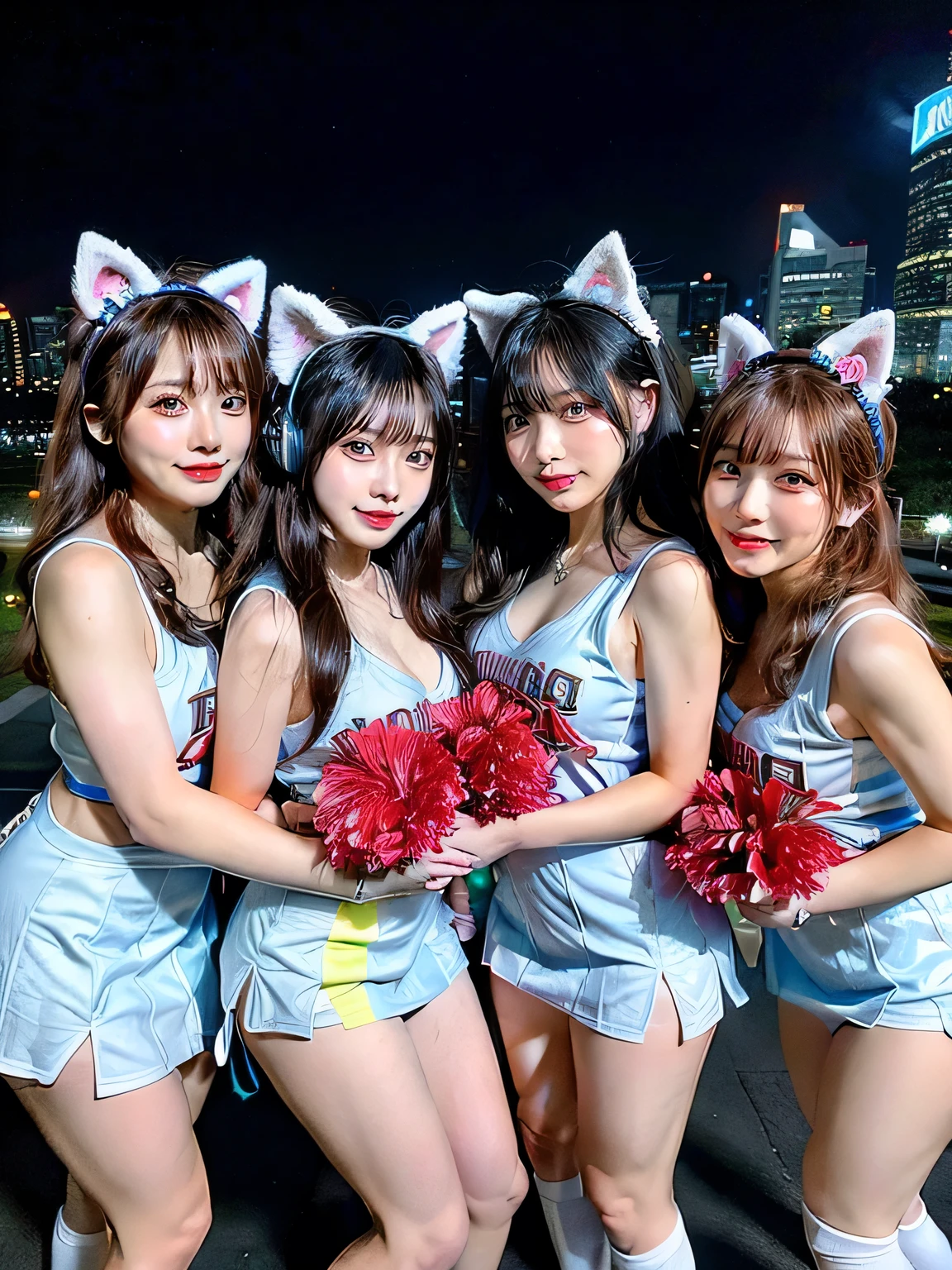 Four Girls, Full body photo、whole、最high quality, masterpiece, 32k、Very detailed、Realistic、Random Face、Japanese women、Cute Face, (photo Actual:1.3), Edge lighting, (Skin with attention to detail:1.2), 8k超High resolution, Single-lens reflex camera, high quality, High resolution, 4K, 8k, Optimal ratio of four fingers to one thumb, (Actual:1.3), smile、Natural smile、Baseball Cheerleader Costumes(black、Light blue line design、Japanese professional baseball cheerleaders)、Cat ear headphones(Pink Neon Cat Ear Headphones)、There are four cute girls., Realistic、Super Realistic、32k、Very detailed、masterpiece, 最high quality, beautiful girl, beauty、 Mecha, Beautiful lighting, Sitting,Cyber Neon、Future City、Skyscraper、City Night、Shanghai、Big cities、Night view、Beautiful night view