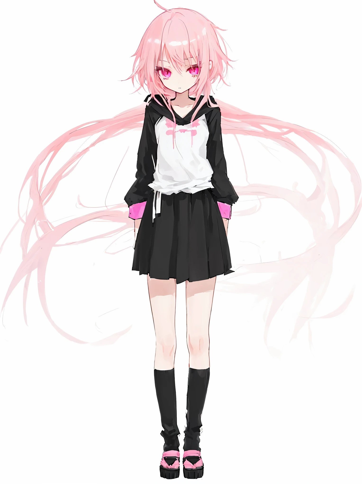 cute anime girl with long pink hair and pink eyes, size, short height, slim body, wearing . no background