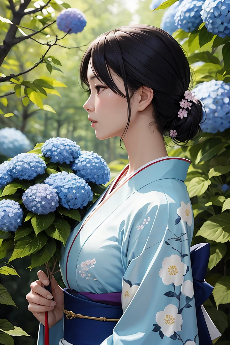 masterpiece ,highest quality, delicateな髪の美しい女性, Flowers, forest, Blooming hydrangeas,profile,Fleeting,beauty,delicate,Cinematic,Japanese women,profile,mature,Shiny woman,Downward Angle,light blue floral kimono,live-action,real