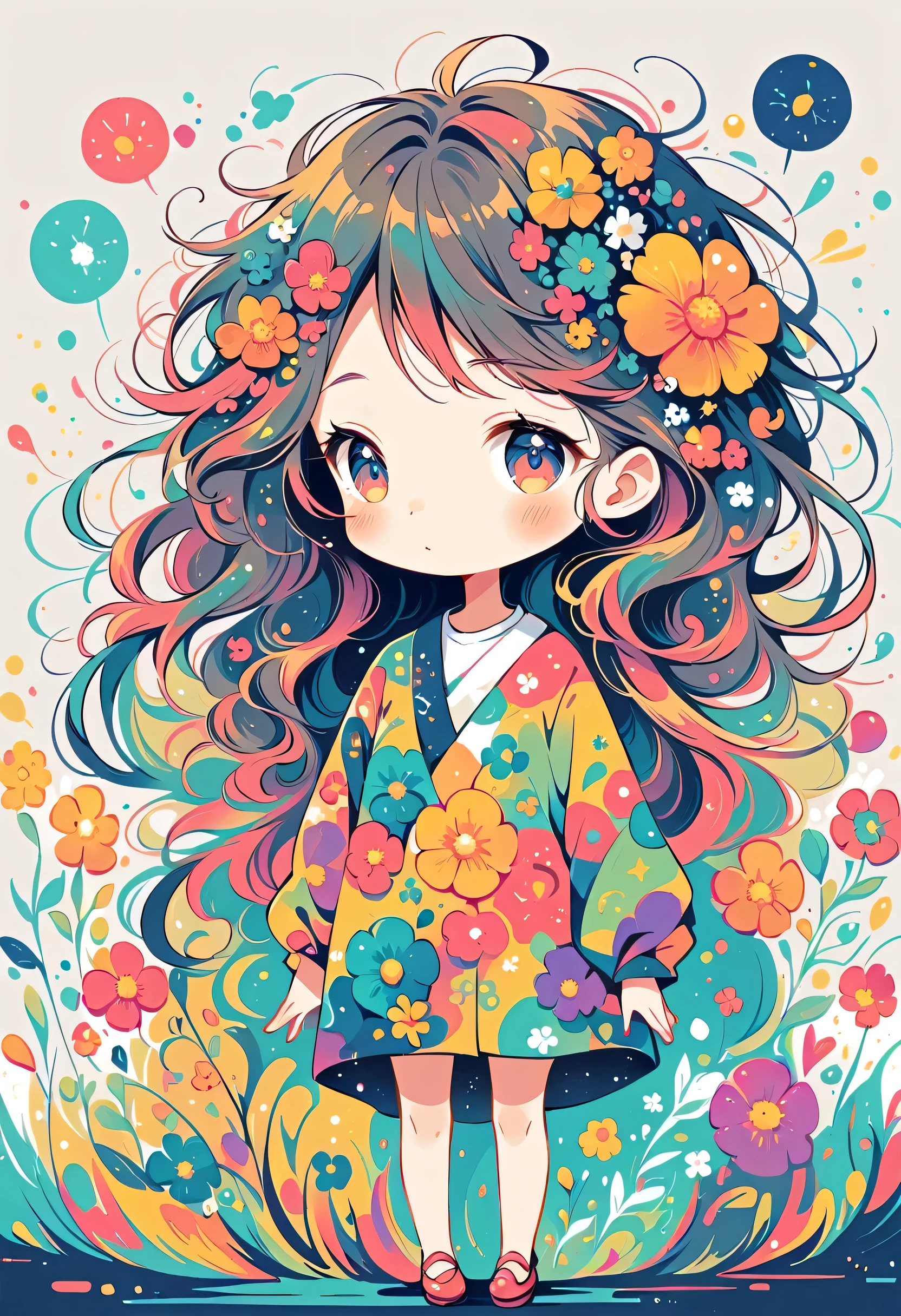 Watase Seizo style, Standing in front of a high wall，Simple Line Initialism，Abstract art，(((Urban Background))), (((The most beautiful girl))), colorful flowers