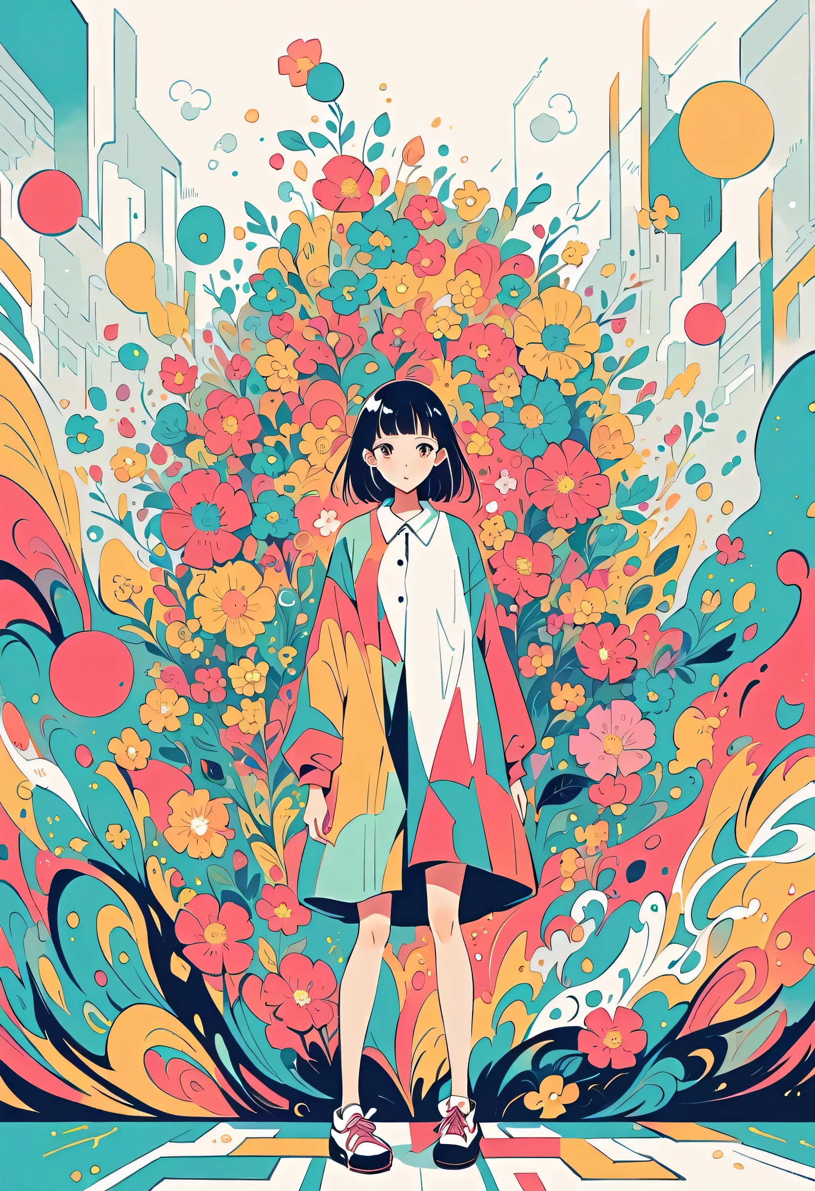 Watase Seizo style, Standing in front of a high wall，Simple Line Initialism，Abstract art，(((Urban Background))), (((The most beautiful girl))), colorful flowers