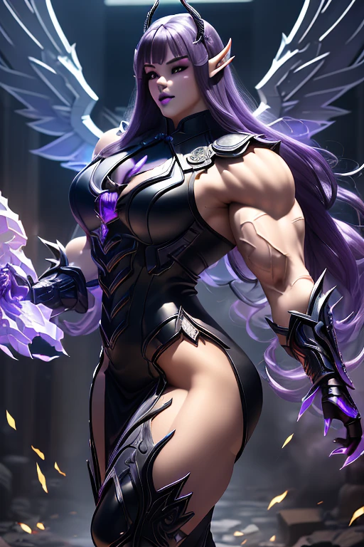 ((((Massive, beautiful, buff, pale white skinned, muscular woman with violet purple hair, black lipstick, glowing black eyes, huge angel wings, ginormous bulky muscles and wearing a beautiful long black futuristic armored cheongsam dress)))), {close view}, massive muscles, massive biceps, huge angel wings, hyper muscle triceps, (long hair with long bangs), black eyes, beautiful long cheongsam dress, gauntlets, high heels boots, in a sea of purple flames, surrounded by purple fire, night, smirk, hyper muscles arms, hyper muscle legs, massive arms.