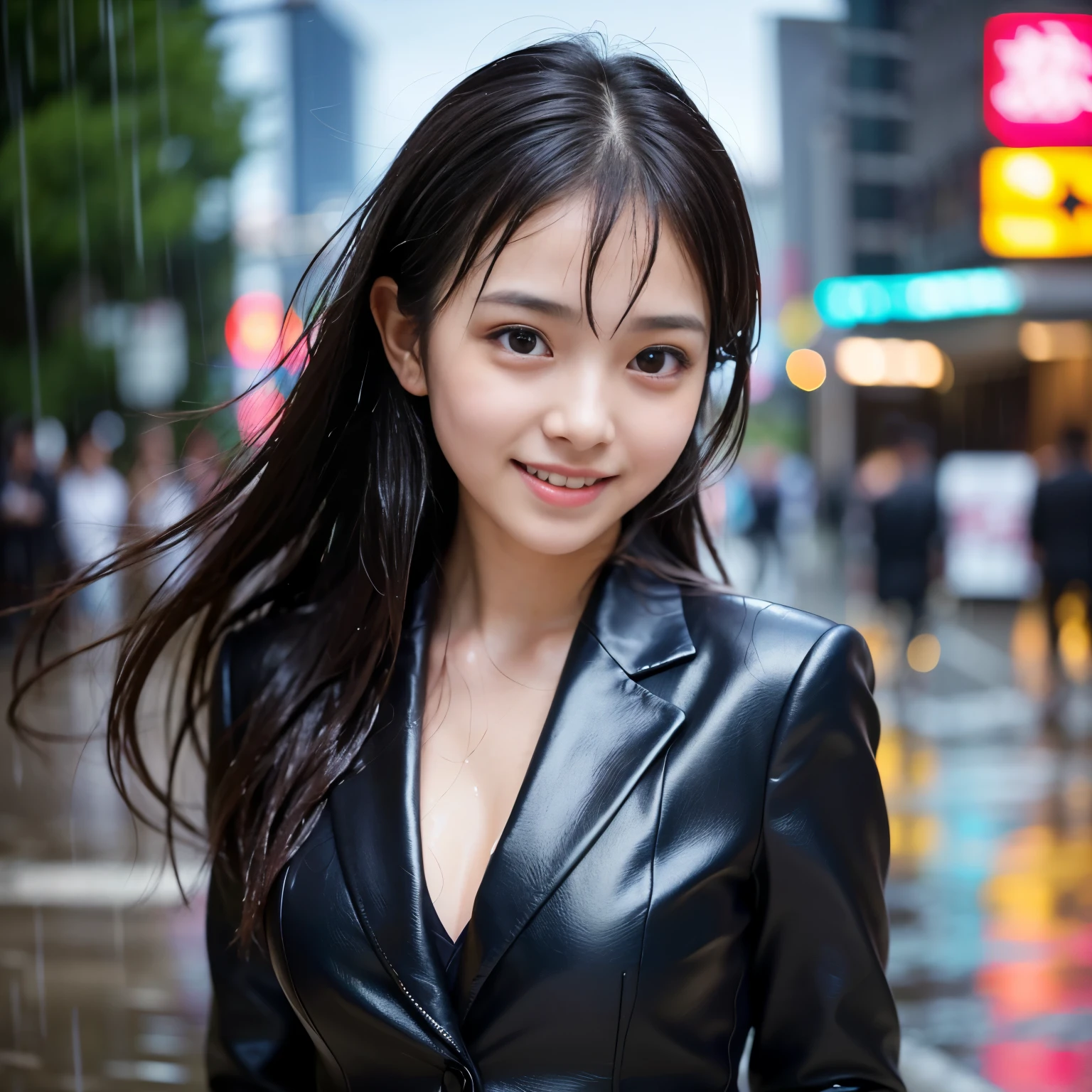 (Best-quality, Masterpiece, Ultra-High-Resolution, (Photorealistic:1.4), Raw Photo, depth of field, professional lighting, perfect anatomy, extremely details), 1girl, -yeld, thost famous Japanese idol, innocent smile, upper body, (((at street in heavy-rain, wearing very wet business-suit from heavy-rain, extremely wet hair from heavy-rain))), ((extremely cute face like the most popular Japanese idol, extremely wet face from heavy-rain, ((extremely cute and extremely big eyes)), extremely beautiful realistic-skins)), detailed heavy-rain