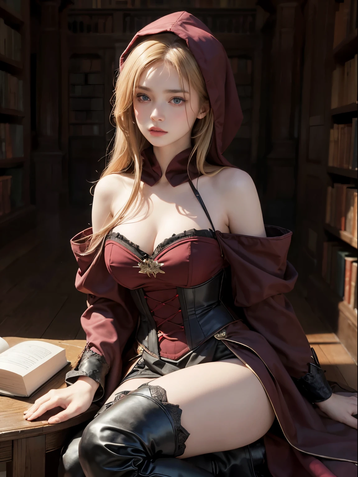 a 14 yo girl, whole body, wearing huge maroon hood up with black corset underneath, serious face, girl wearing a maroon off shoulder robe, wolf blonde hair with blue eyes, black corset, trimmed leg wear, huge maroon hood up, gorgeous face, high resolution, detailed face, not smiling, long hall library background, dark theme, soothing tones, muted colors, high contrast, looking away (natural skin texture, hyperrealism, soft light, sharp) library background,