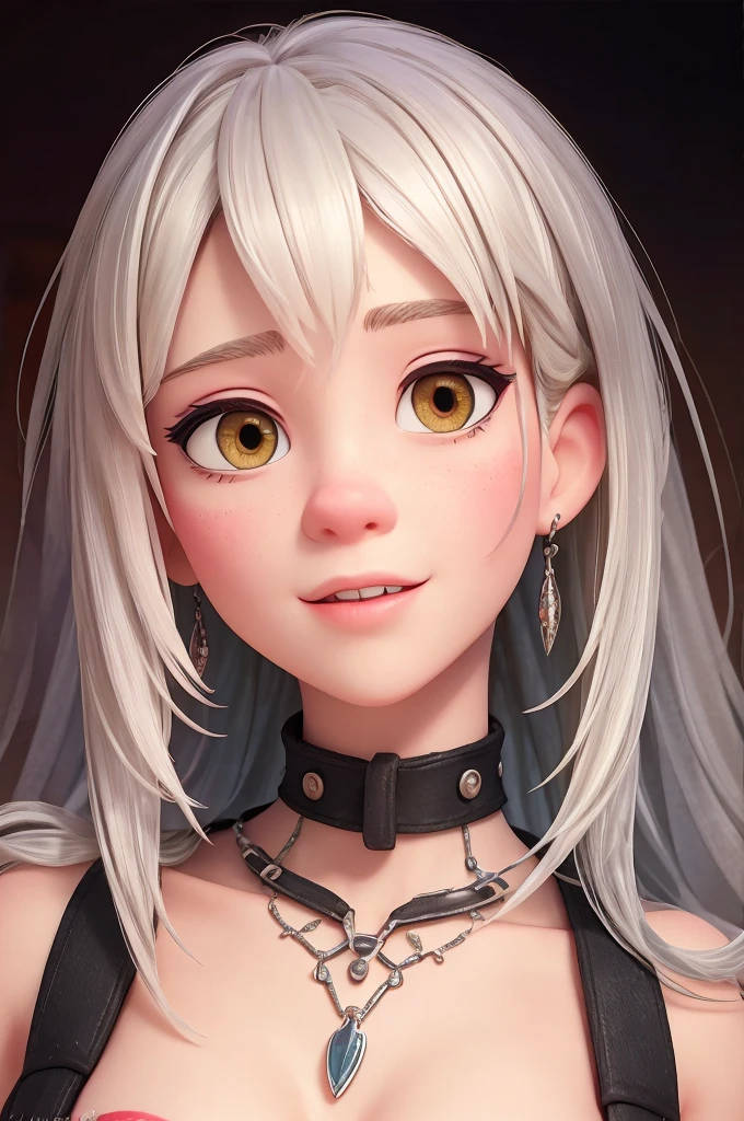 (masterpiece:1.2), best quality, Beautiful rebellious girl,portrait,
1 Girl, have, open mouth, Glossy lips, White short hair, , Pink Eyes, earrings,, Long eyelashes, contour, Upper Body, Clothes Writing,Huge bust、Protruding chest、Super huge、Huge breasts, Barcode tattoo, bust, Smile, Collar,Huge bust,Long hair,Drool,Milky saliva,Showing breasts,Chest-baring clothes,拴着铁链的Collar,Fangs,Facing the camera,Red heart-shaped pupils,Superbly detailed eyes,Exquisite face,Detailed face,Delicate nose,Intricate tattoos,Rainbow colored hair tips,Short hair girl