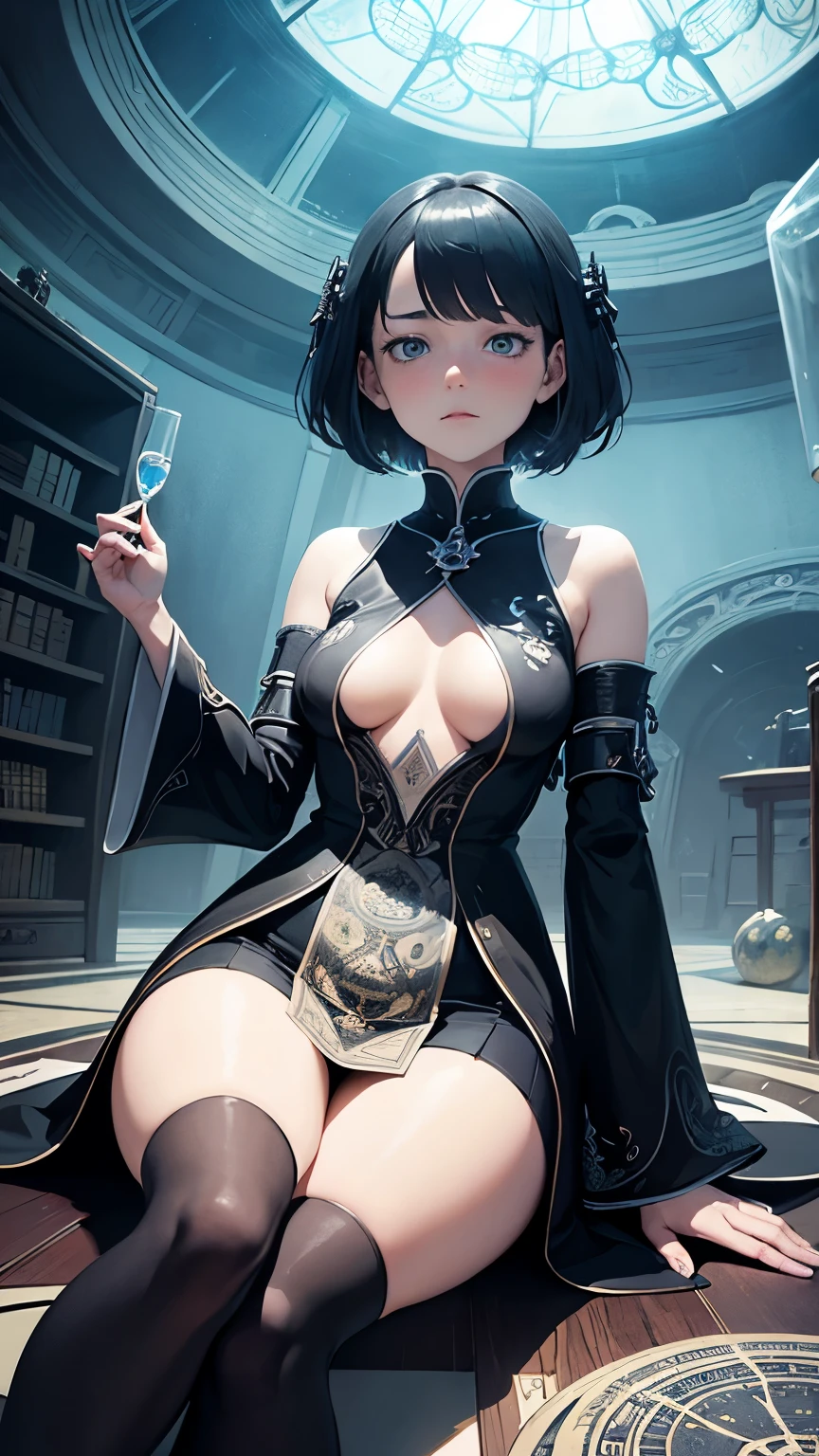 Kay Nielsen, Edgar P. Jacobs, Leo Timmers, Surrealism Mysterious Weird Fantastic Fantasy Sci-fi, Japanese Anime, Perspective view of a beautiful high school girl in a miniskirt, Drawing the world with geometry, Blueprint Inside a glass bottle, detailed masterpiece Hyper realistic sharp focus cinematic lighting embarrassing shy blushing looking at viewer coquettish real