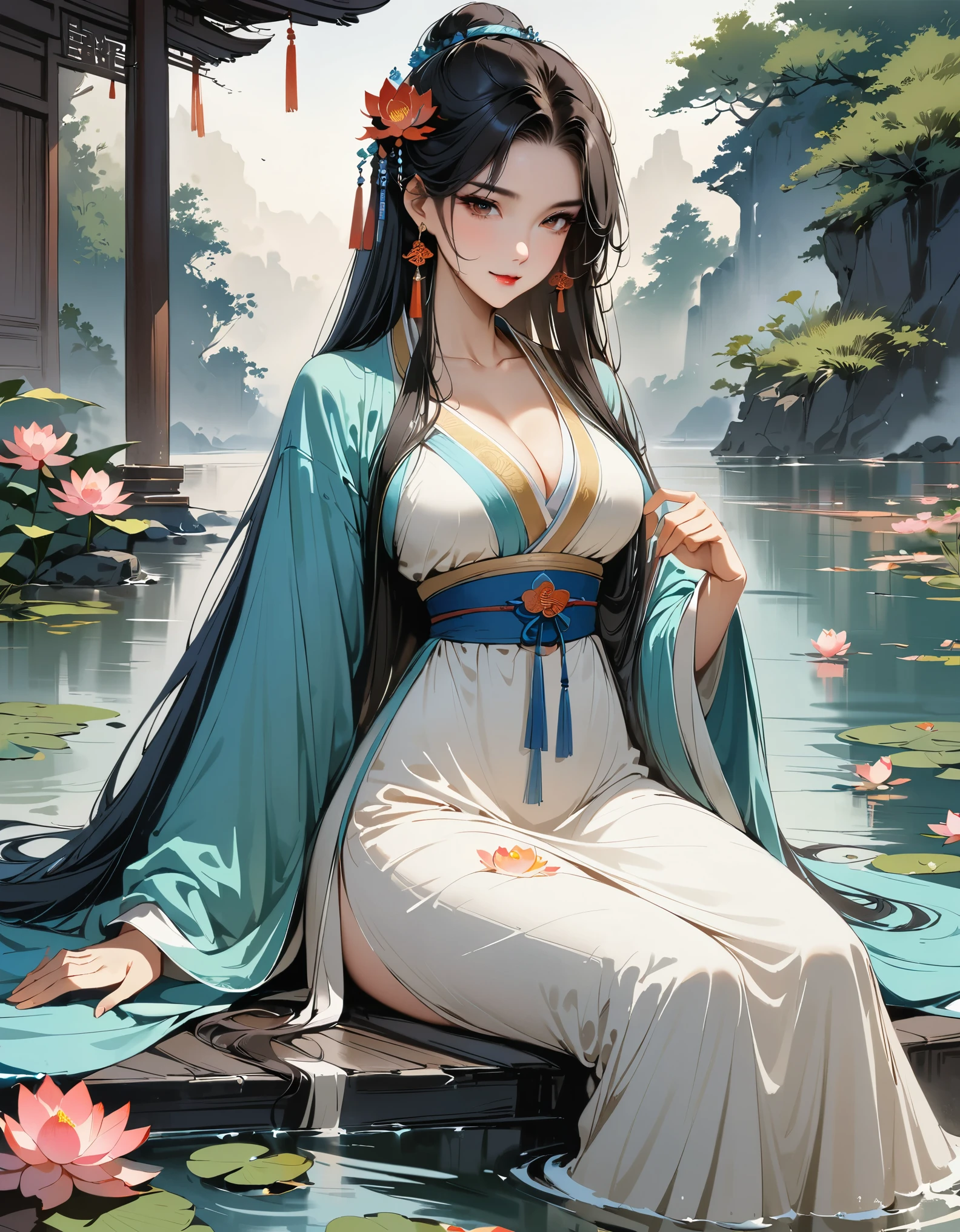 Chinese transparent silk dress, hair adornments, necklace, jewelry, Long hair, Earrings, Chinese clothes, Big boobs