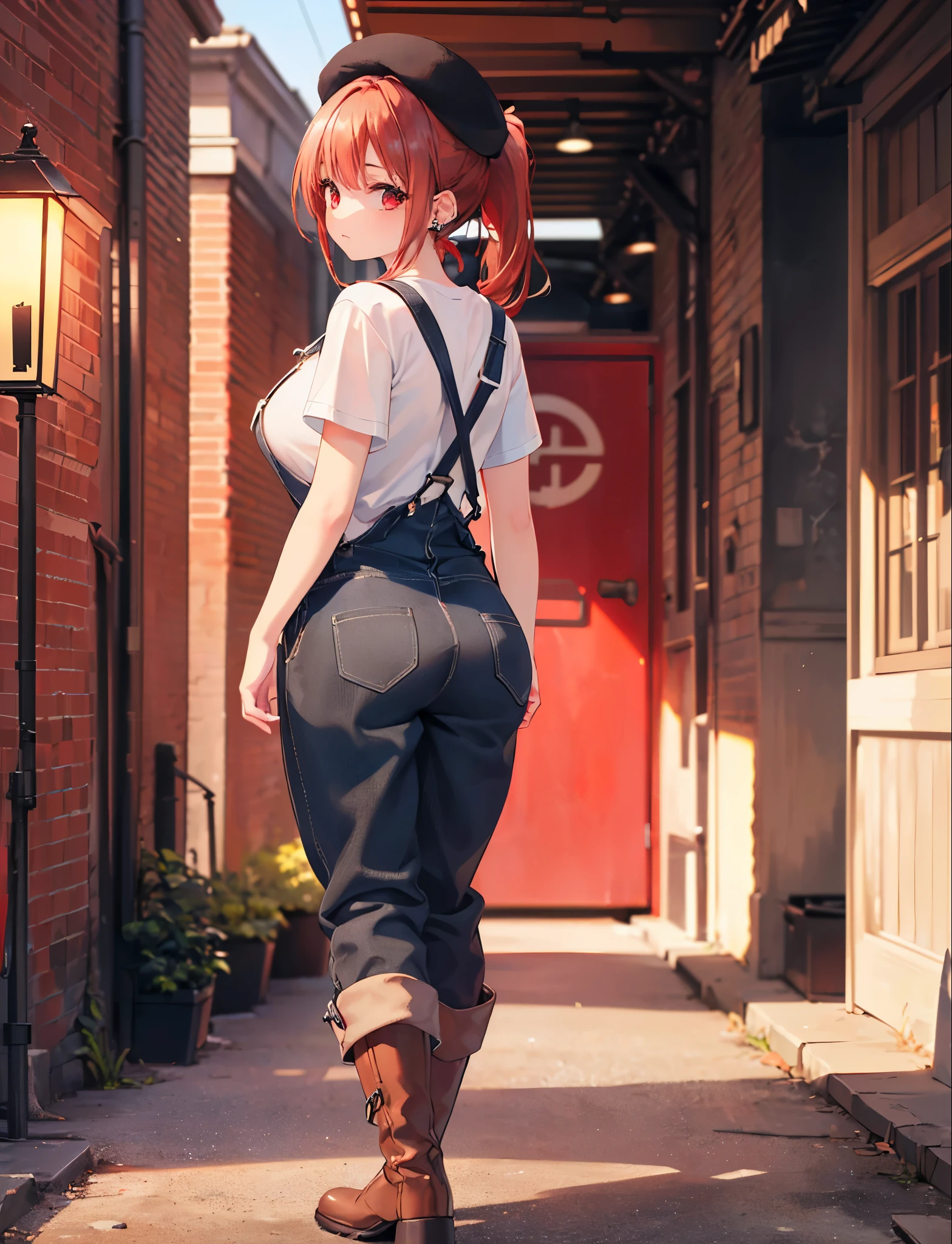 Realistic,highest quality, Ultra Detail, High-quality CG rendering, The most delicate and beautiful, Floating softly, High resolution, (1 girl), (Highest quality,4K,8K,masterpiece:1.2),(All red hair:1.5), (ponytail:1.5),(Red eyes:1.5),(Slightly larger breasts:1.2), (Light brown overalls:1.3),(Pure white inner T-shirt:1.3),(Black boots:1.3)、(Light brown beret:1.3)、Piercing in left ear,In the city,old buildings,(Turn your back to your audience:1.3),Ass,(whole body:1.3)