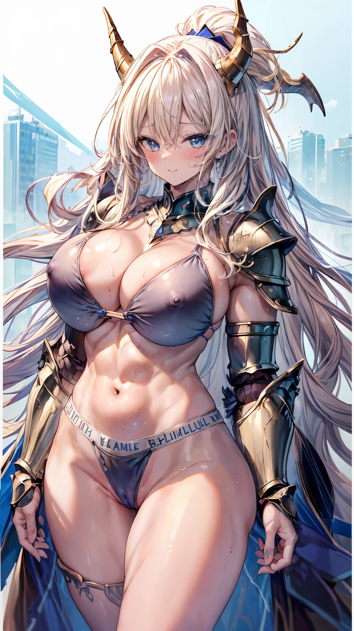 Very detailed、highest quality、Best image quality、masterpiece、8k、Sparkling blue eyes、Anime Face、A kind smile、Open your mouth、Big Breasts、Long blonde curly hair、(SFW Giant)、Cowboy Shot、(Thong:1.5)、(Muscles of the whole body)、Horn、Professionally、nude、(NSFW:1.5)、(Bikini Armor:1.5)