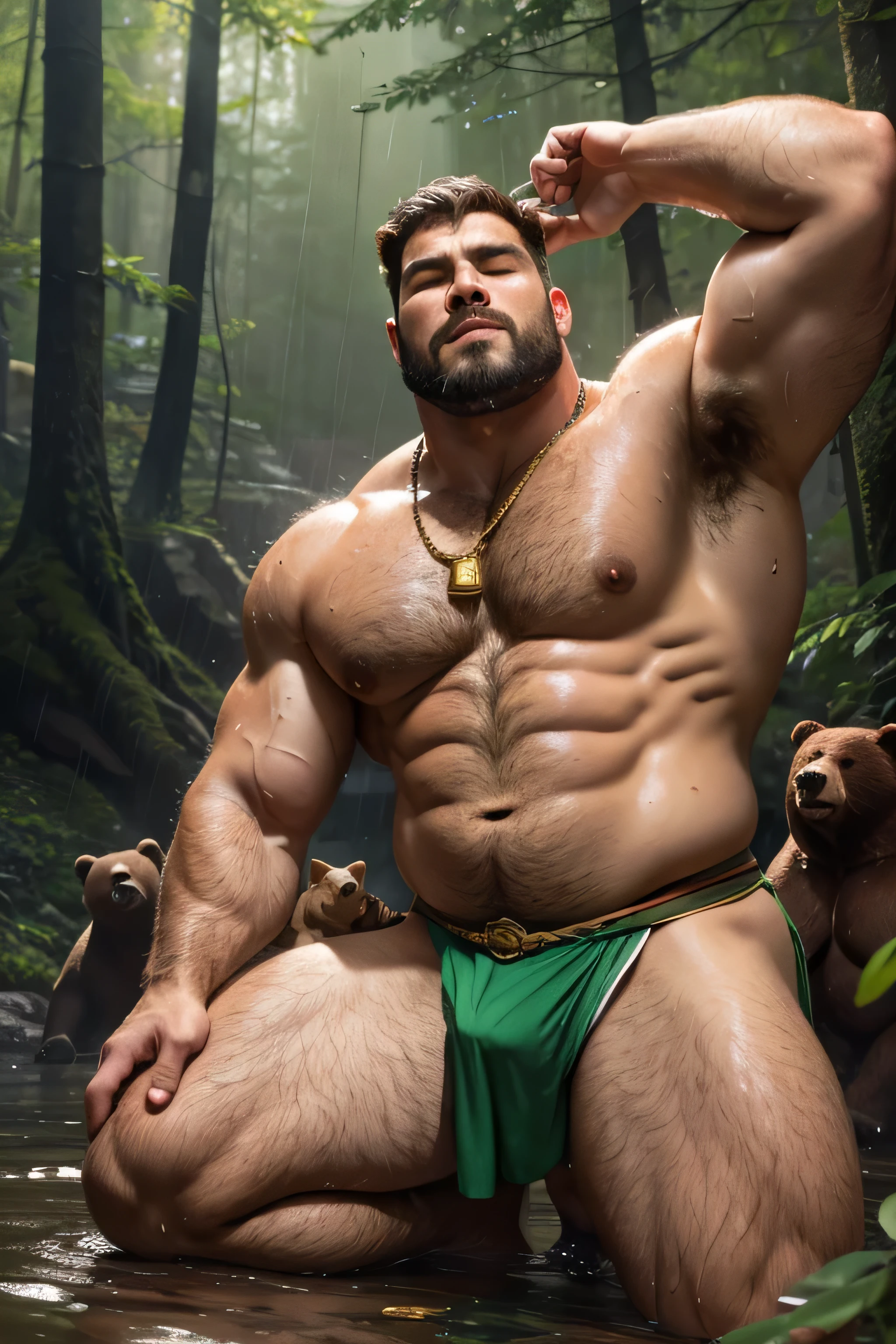 (8K, high definition, high quality, highly detailed) Handsome hermit. Chubby. hyper-masculine. hairy body. hairy armpits. wearing green and gold silk loincloth. wearing runic necklace. runic tattoos. wet face. wet body. bear ears looking up in the sky. eyes closed. Knee up shot. Surrounded by bears. raining. he is totally drenched. Forest background. bears on the background. blurred background.