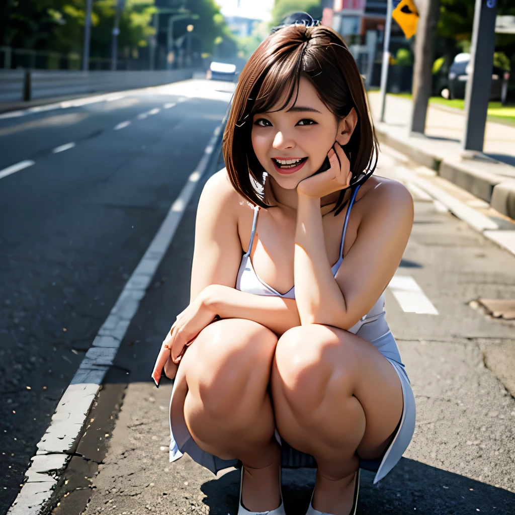 RAW photo, 8K, realistic, masterpiece, insanely detailed, (1girl:1.5),18yo, (chubby:0.5), (laugh:1.3),(huge boobs:0.8),(tight mini dress),(squatting), road