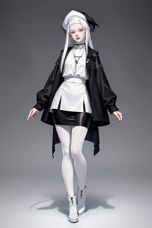(full body:1.4), (black clothing), Cute 18 yo (albino:1.4)woman of Slavic descent.(short:1.1), , long white hair, gray eyes, ((very pale:1.4)). Innocent look. Gentle spirit.(virgin), (joy),(laughter:1.1). (Playful:1.2). Mascara, eyeglasses, necklace, jacket, blouse, pencil skirt, (black pantyhose), boots, hat.