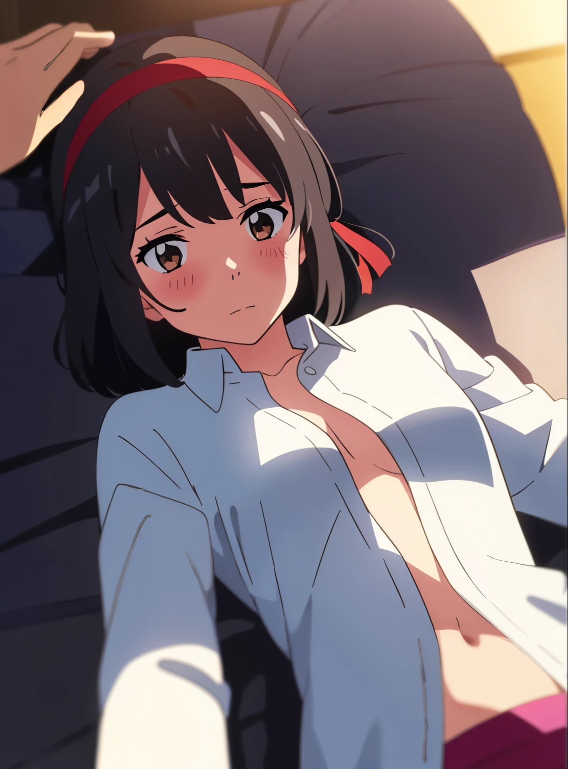 shinkai makoto, kimi no na wa., 1girl, bangs, black hair, brown eyes, short hair, red headband ,red ribbon, solo, blush, looking at the viewer, collared shirt, long sleeve shirt, white shirt, unbuttoned shirt, open shirt, navel ,covering her chest, lying on bed, on back, bedsheets, pov,