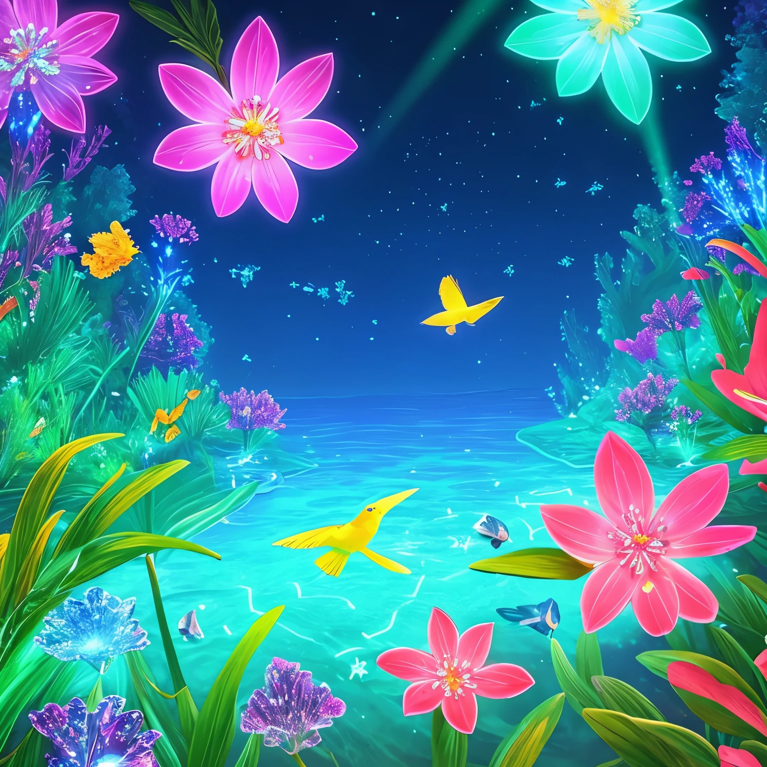 a close up of a flower and a bird flying over a river, glowing crystals on the ground, crystal clear neon water, cave glowing stones, neon bioluminescence, [ bioluminescent colors ]!!, neon color bioluminescence, glowing colors, fish are glowing in the ocean, beautiful!!! digital art, bioluminescent opal