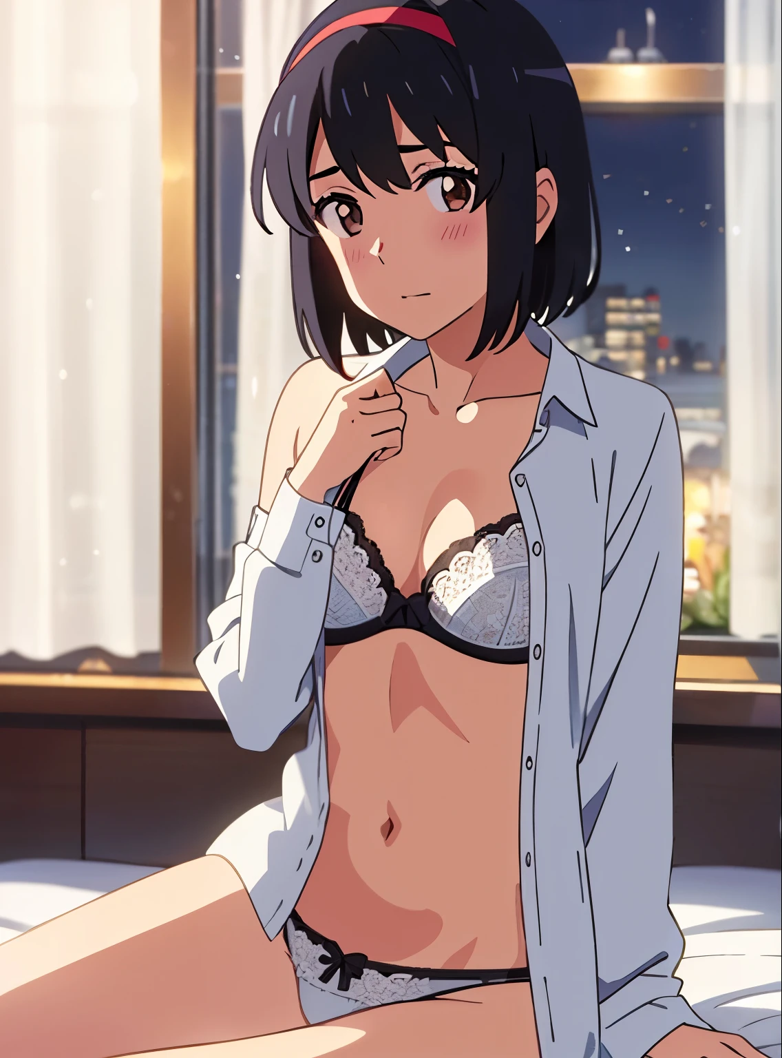 shinkai makoto, kimi no na wa., 1girl, bangs, black hair, brown eyes, short hair, red headband ,red ribbon, solo, blush, looking at the viewer, collared shirt, long sleeve shirt, white shirt, unbuttoned shirt, off shoulder, open shirt, navel ,covering her chest, sit on bed, sexy pose, cute, bedroom, night, white bra, breast, medium breast, white panties, masterpiece,