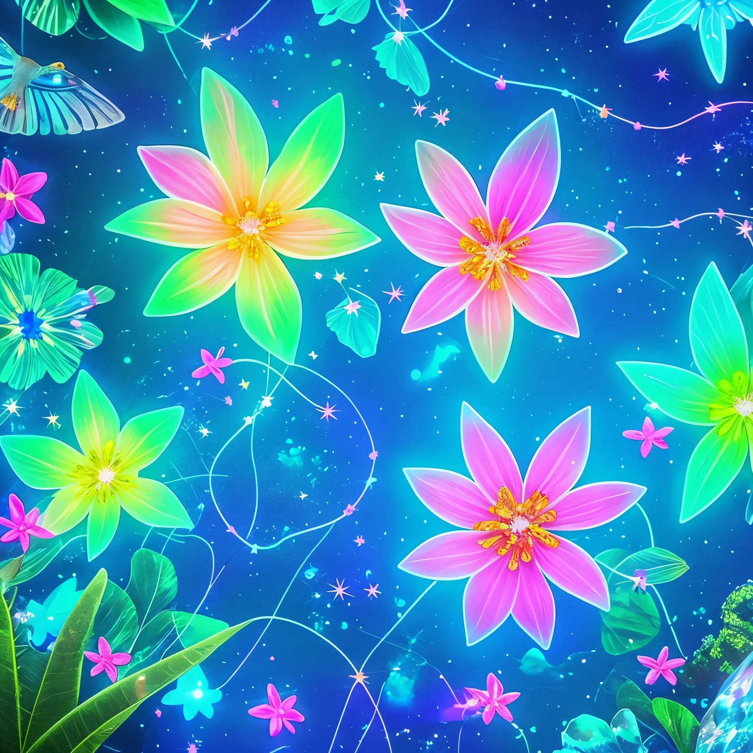 a close up of a flower and a bird flying over a river, glowing crystals on the ground, crystal clear neon water, cave glowing stones, neon bioluminescence, [ bioluminescent colors ]!!, neon color bioluminescence, glowing colors, fish are glowing in the ocean, beautiful!!! digital art, bioluminescent opal