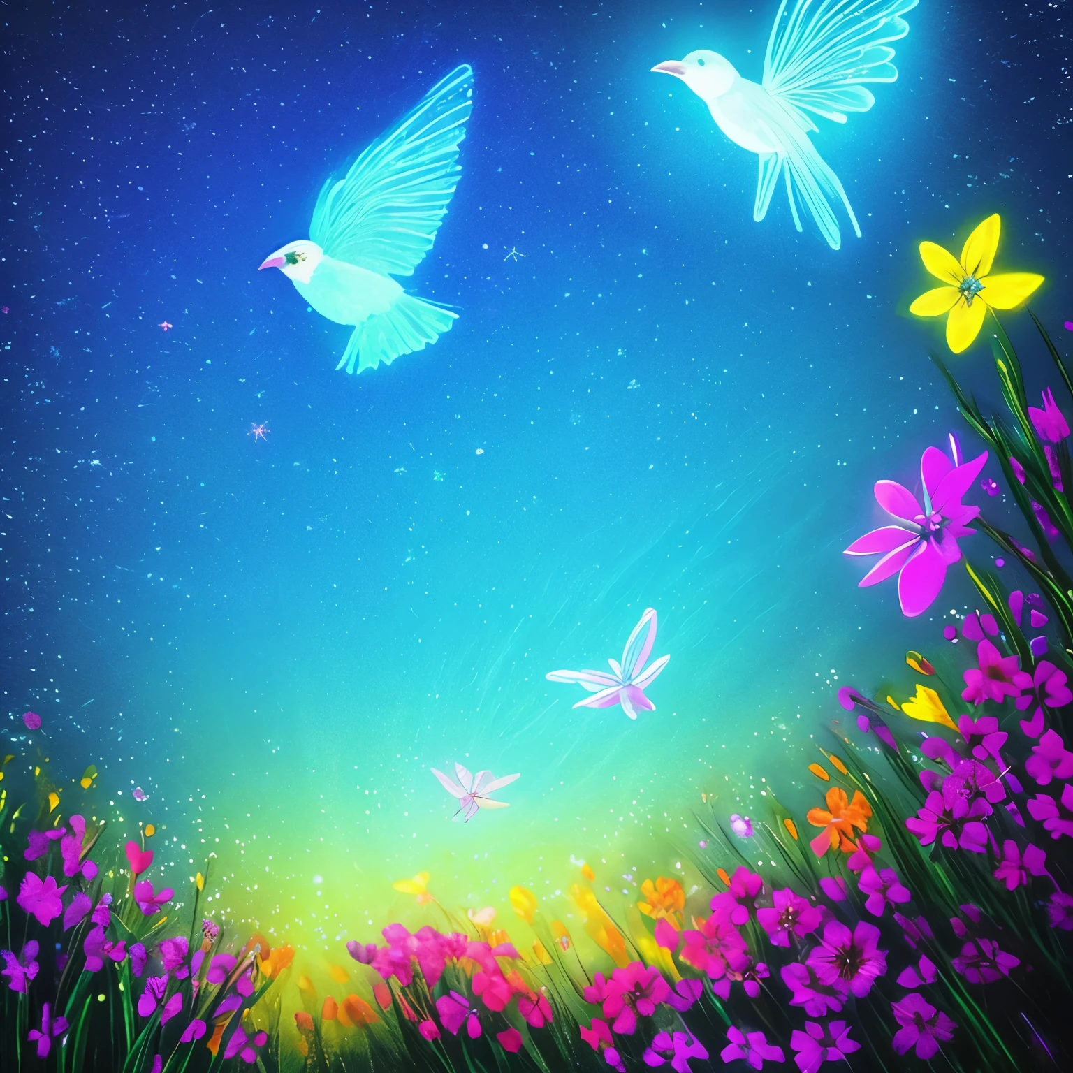a close up of a flower and a bird flying over a river, chalk art by Igor Zenin, tumblr, street art, glowing crystals on the ground, crystal clear neon water, cave glowing stones, neon bioluminescence, [ bioluminescent colors ]!!, neon color bioluminescence, glowing colors, fish are glowing in the ocean