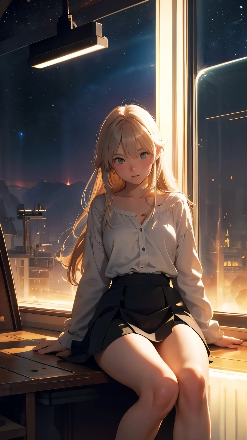 Sven Nordqvist, Eva Lindström, Arthur Rackham,Lasse Sandberg, Surreal, mysterious, strange, fantastical, fantasy, Sci-fi, Japanese anime, star-journey beautiful girl in miniskirt, perfect voluminous body, small sun in a glass bottle, long-distance space bus, detailed masterpiece wide high angles perspectives Hyper realistic zoom in sharp focus blushing embarrassed shy cinematic lighting depth of field real