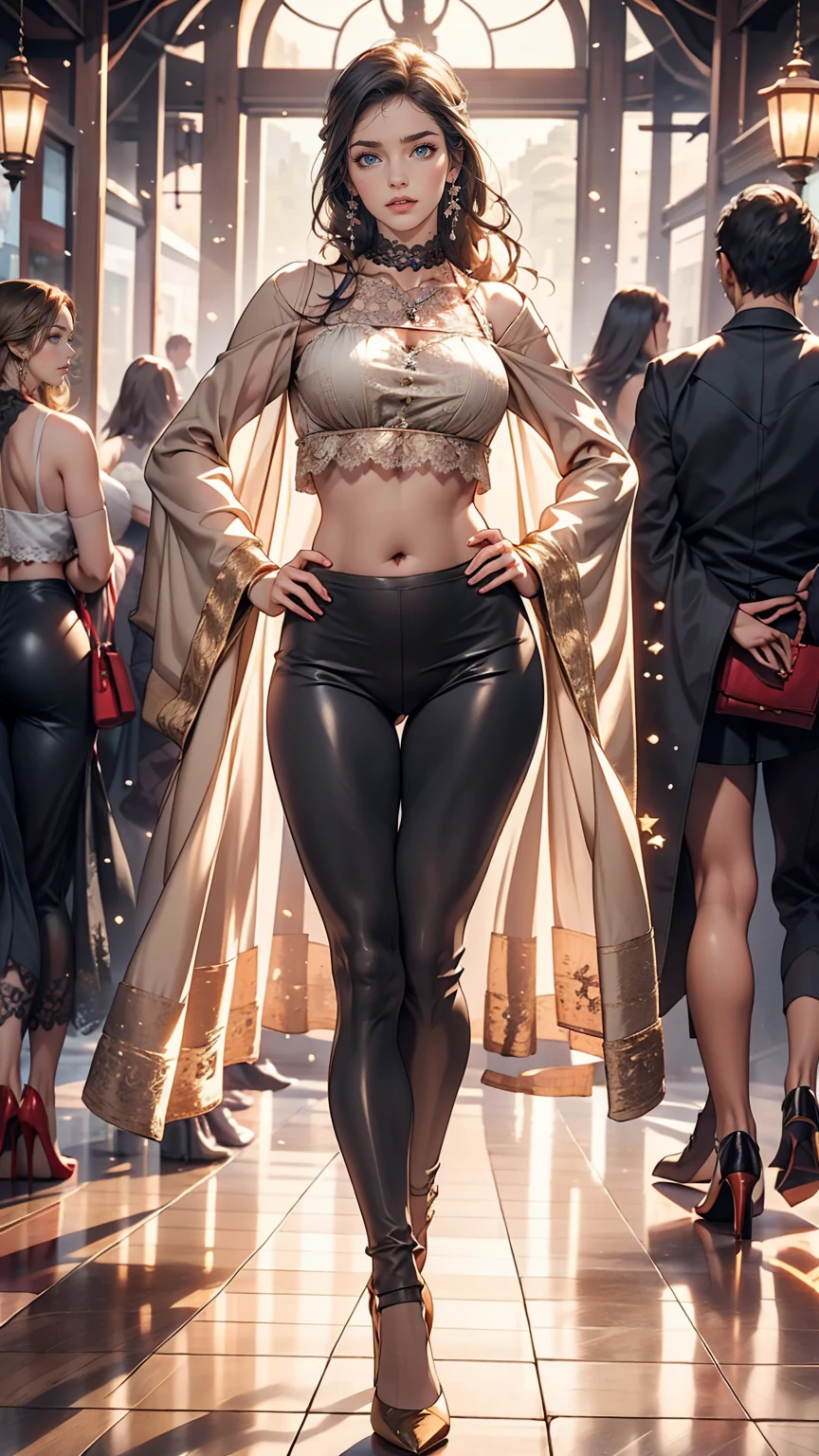 24 year old Caucasian female、Silver Hair、、long hair、Hair becomes wavy、Outstanding proportions、Wear a see-through blouse((The lace-decorated bra is visible through the fabric))、I can see my belly button、Wear low rise leggings、Wear stiletto heels