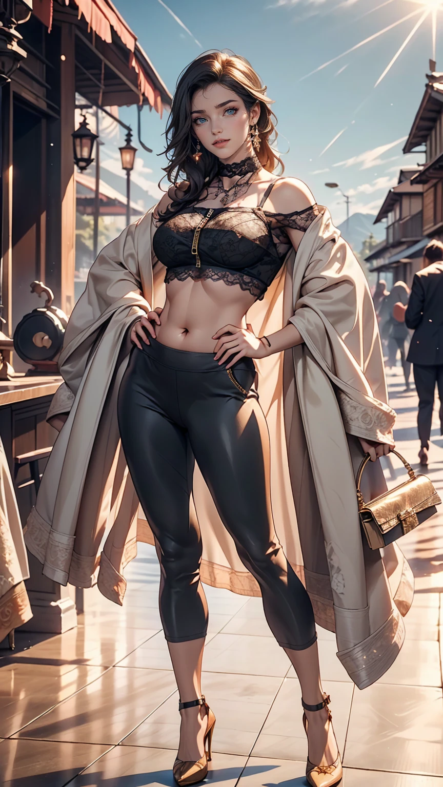 24-year-old female、long hair、Straight Hair、Shiny hair、Sexy proportions、Wear a lace choker、Wear high-neck zipper-up tops、Wear low rise leggings、Belly button visible、Wear stiletto heels、smile、Place your hands on your hips、A wonderful scenic background、Plenty of sunshine、Cowboy Shot