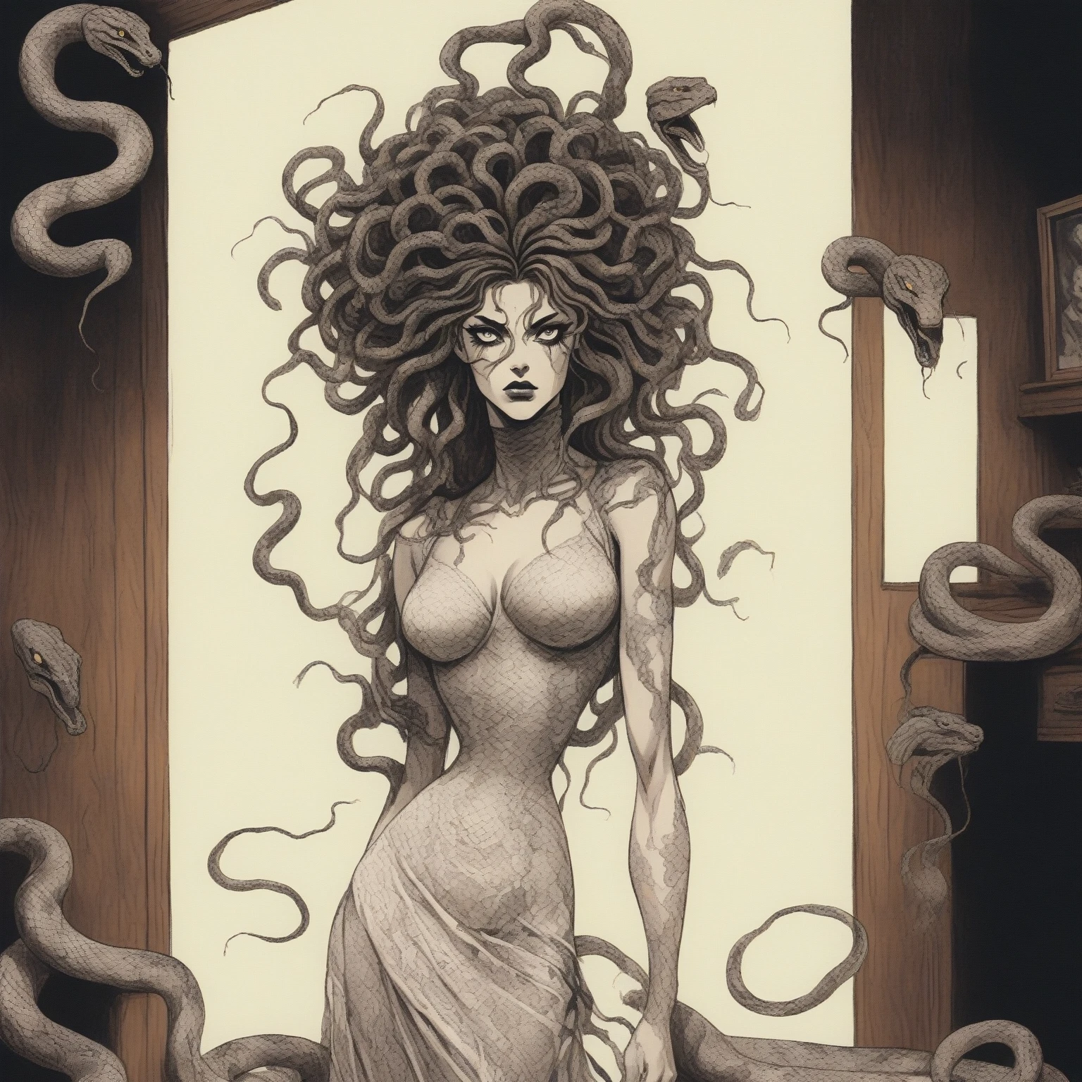 VHS, glitch, distorted, nostalgia, 90's retro vibes, analog tape, vcr aesthetics, tv, television, hand drawn, Gorgon Medusa snake woman hybrid, wearing dress made of white lace, ornate frilly shades of white lace linen outfit, full length portrait, in wooden room, nighttime, no light source, darkness, (full roygbiv color) ink charcoal expressive illustration