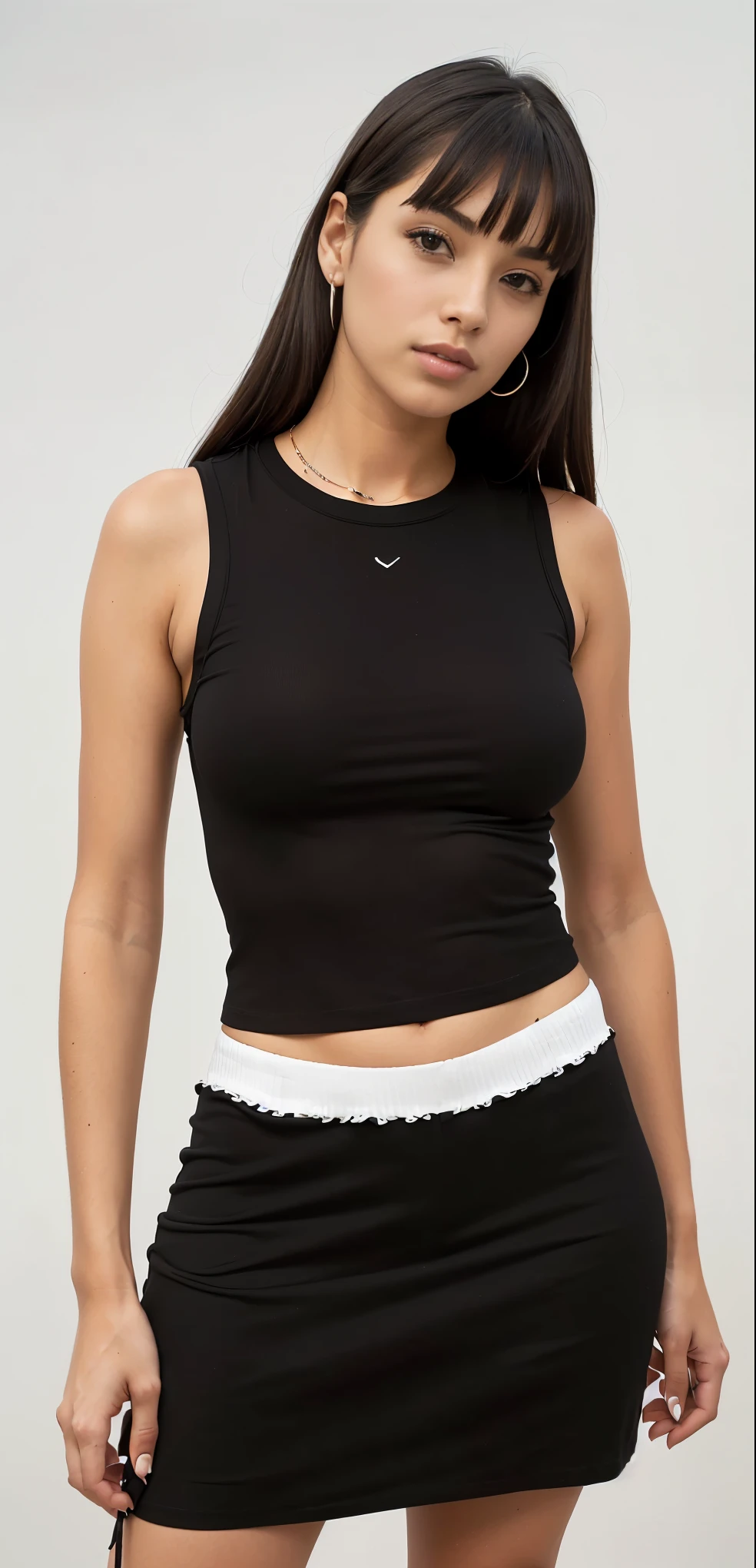 a woman in a blusa preta and black skirt posing for a picture, wearing a cropped black regata, wearing a black cropped regata, tight camiseta preta, tight fitted regata, black regata, blusa preta, she is wearing a black regata, camiseta preta, tops sem mangas, corte superior, regata, tight black regata and shorts