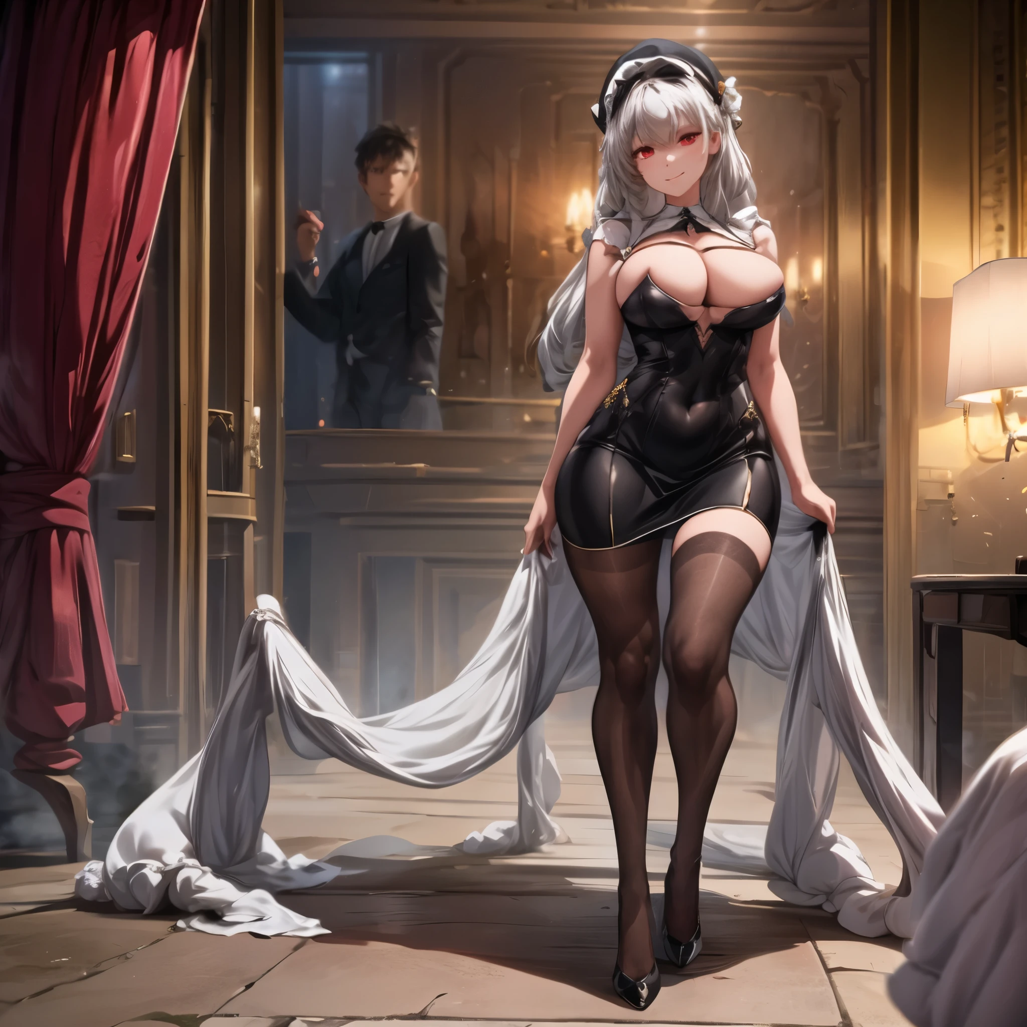 A woman in a sophisticated black dress, breasts exposed, wearing a transparent black cape, black madam's hat with black roses, silver hair, red eyes, smiling, perfect face, black tights, black heels, full body, large breasts, in a parking lot of a large mansion with a white Limousine next to it, a well-detailed limousine, a nighttime location with sophisticated lighting,UHD, masterpiece, accurate, anatomically correct, textured skin, super detail, high quality, best quality, 8k, high resolution, bokeh effect. (solo woman)