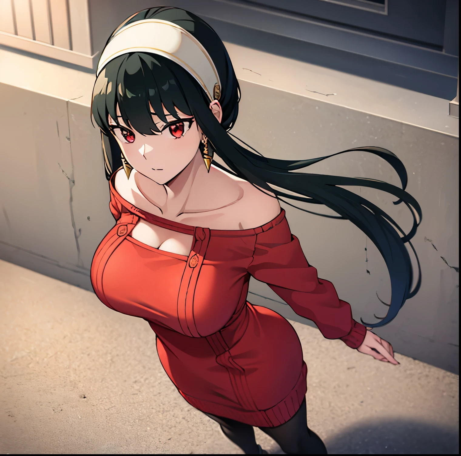 1 girl,alone,your forge,masterpiece,best quality,high resolution,long hair,black hair,white headband,red eyes,golden earrings,big breasts,medium waist,wide hips,wide thighs,round butt,jewelry,shoulders uncovered, red sweater, sweater dress, cleavage, long sleeves, black pantyhose, bare back, perfect anatomy, looking at viewer, looking straight, sexy body, point of view (from above), standing, outdoor