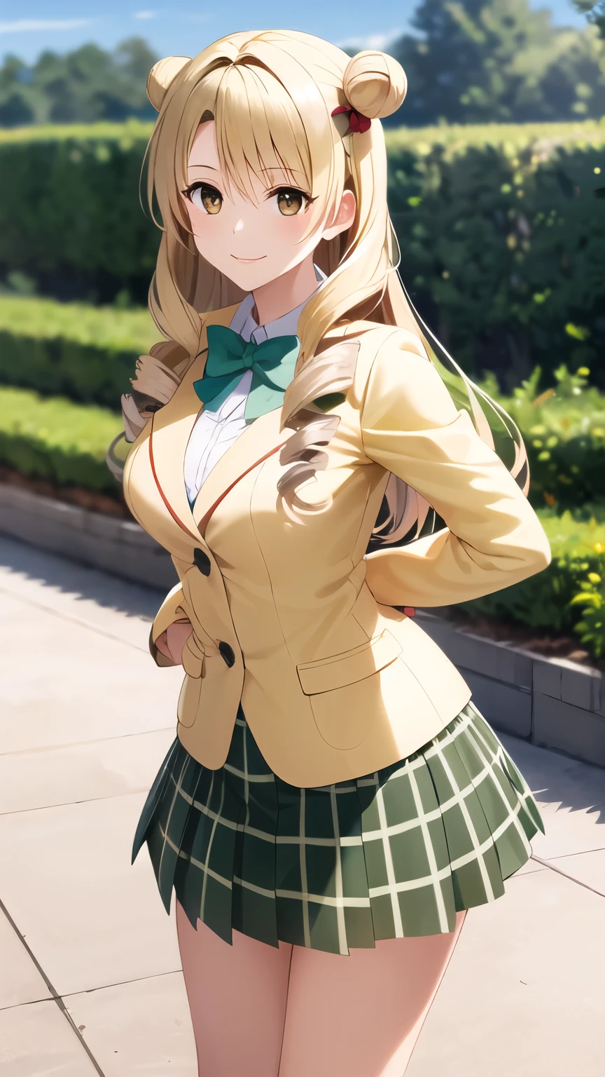 masterpiece, best quality, highres, 1girl, solo, long hair, blonde hair, double bun, drill hair, brown eyes, , green bowtie, blazer, yellow jacket, long sleeves, plaid skirt, green skirt, standing, cowboy shot, outdoors, smile,