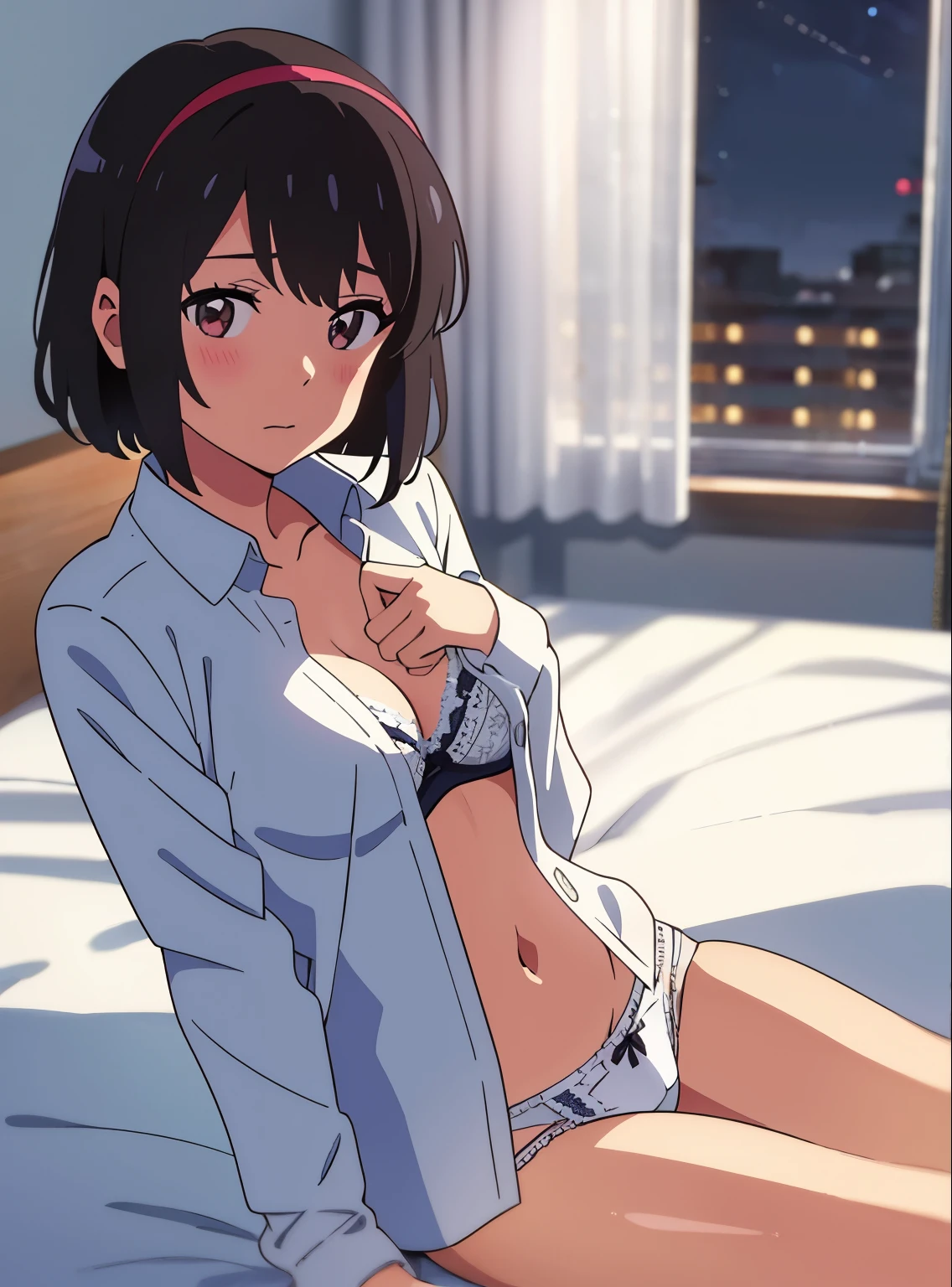 shinkai makoto, kimi no na wa., 1girl, bangs, black hair, brown eyes, short hair, red headband ,red ribbon, solo, blush, looking at the viewer, collared shirt, long sleeve shirt, white shirt, unbuttoned shirt, off shoulder, open shirt, navel ,covering her chest, sit on bed, sexy pose, cute, bedroom, night, white bra, breast, medium breast, white panties, masterpiece,