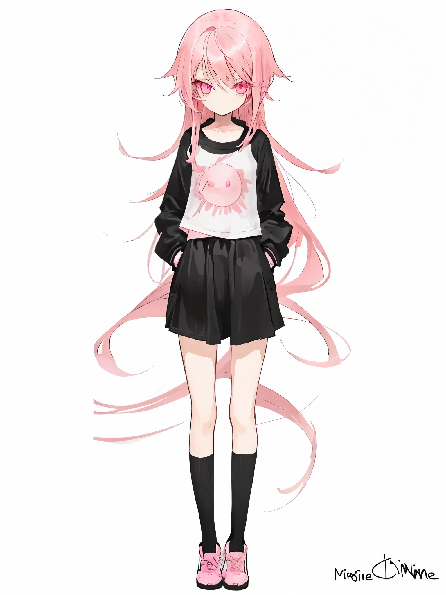 cute anime girl with long pink hair and pink eyes, size, short height, slim body, wearing . no background