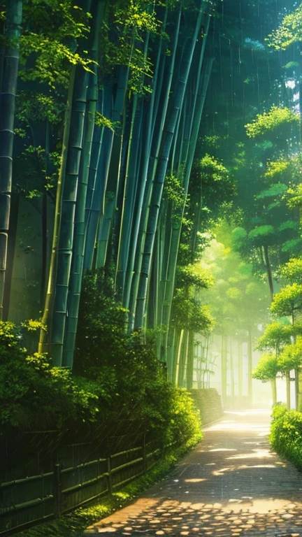 8k、HD、1 illustration、rain、Japanese style and quiet、Sunlight filtering through the trees、Cobblestone Street、stage。Rich in nature、bamboo forest、Fantasy、Highly detailed digital painting、