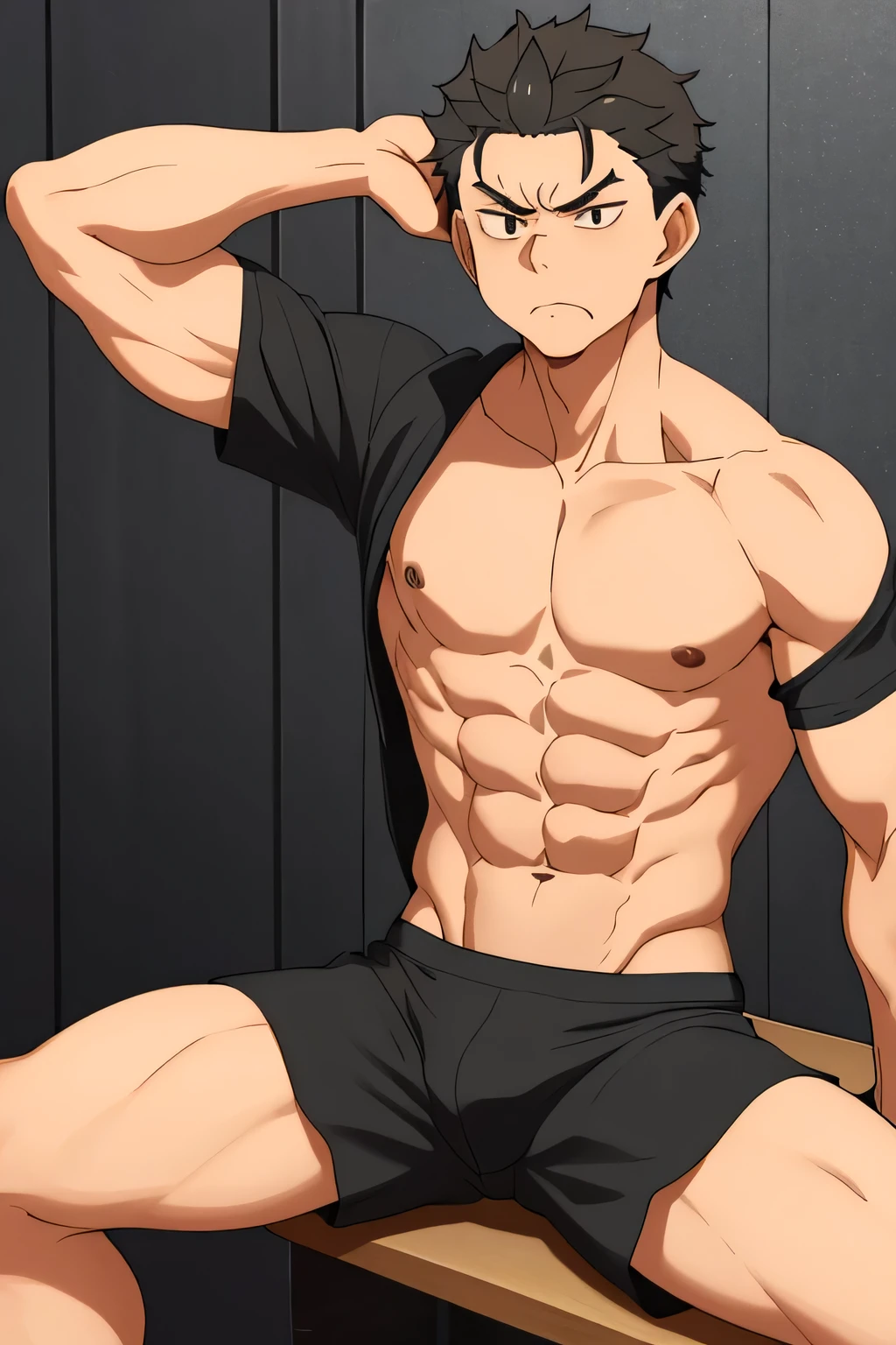 Subaru is sitting and flexing his biceps and abs. He wears black short boxershorts. You can see his thighs. He looks annoyed. He has bulging veins on his arms. He wears a black tshirt with short sleeves. His right sleeve is completely rolled up so you can see his entire arm and shoulder. He is showing his abs too.