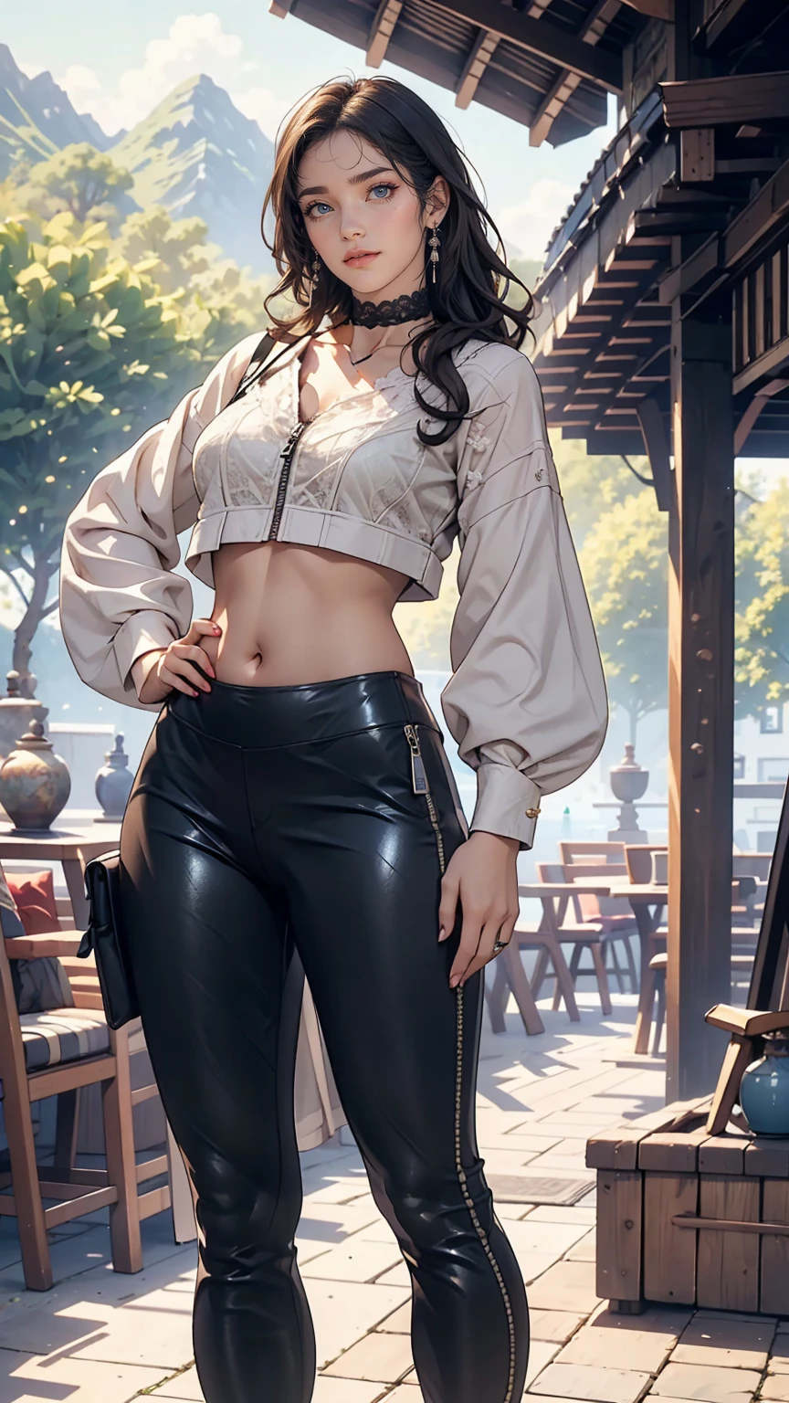 24-year-old female、long hair、Straight Hair、Shiny hair、Sexy proportions、Wear a lace choker、Wear high-neck zipper-up tops、Wear low rise leggings、Belly button visible、Wear stiletto heels、smile、Place your hands on your hips、A wonderful scenic background、Plenty of sunshine、Cowboy Shot