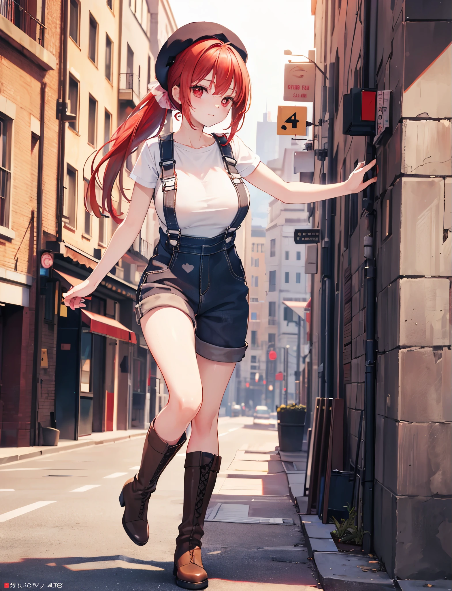 Realistic,highest quality, Ultra Detail, High-quality CG rendering, The most delicate and beautiful, Floating softly, High resolution, (1 girl), (Highest quality,4K,8K,masterpiece:1.2),(All red hair:1.5), (ponytail:1.5),(Red eyes:1.5),(Slightly larger breasts:1.2), (Light brown overalls:1.3),(Pure white inner T-shirt:1.3),(Black boots:1.3)、(Light brown beret:1.3)、Piercing in left ear,In the city,old buildings,(whole body:1.3)