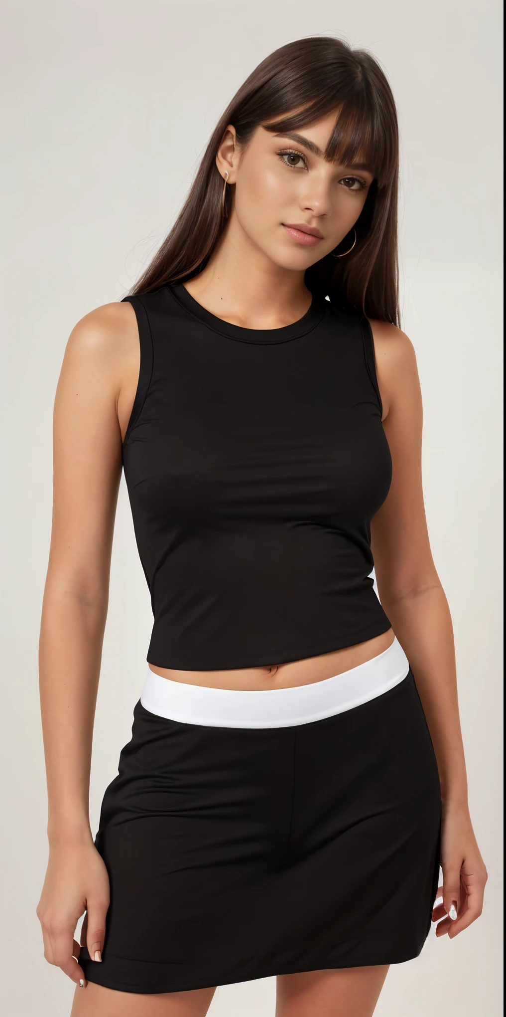 a woman in a blusa preta and black skirt posing for a picture, wearing a cropped black regata, wearing a black cropped regata, tight camiseta preta, tight fitted regata, black regata, blusa preta, she is wearing a black regata, camiseta preta, tops sem mangas, corte superior, regata, tight black regata and shorts