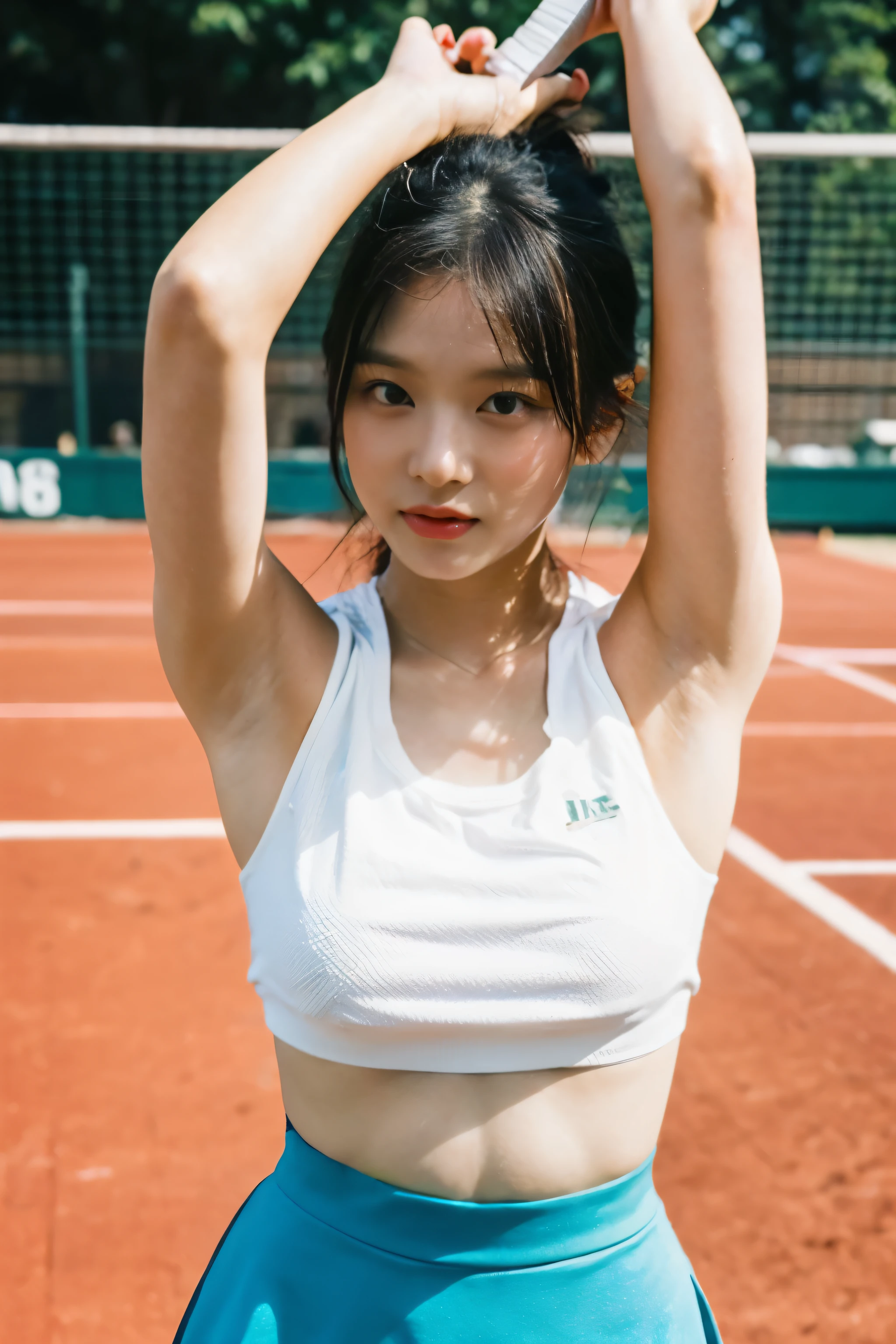 (beautiful Korean female idol: 1.25), (breast size 65 inches), (fleshy juicy body: 1.5), (thick arms: 1.5), (holding a racket - playing tennis), armpits visible, wearing a bra colorful micro sports, tennis shoes, sweating profusely, action sports on the tennis court, full body shot, bokeh background, professional photos, award winning portraits, masterpieces, 8K UHD, high detail full body view, symmetrical, Nikon D850, 85mm lens, f/1.8 , depth of field, full body shot, facing the camera, eyes focused on the viewer's camera, tired but still sexy expression,