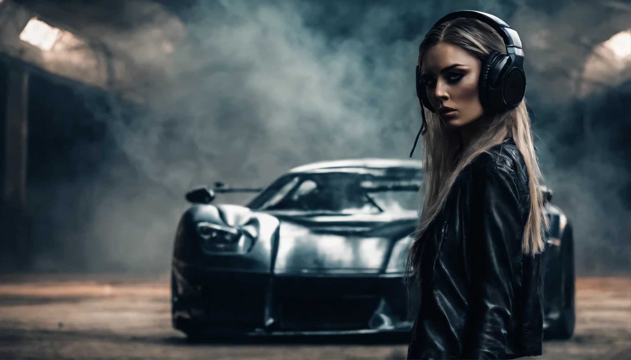 In the foreground is a beautiful young girl with long hair., wearing large stylish headphones. She looks confident and immersed in the music. There is a sports car in the background, shrouded in colorful smoke, creating a vibrant and dynamic atmosphere.

Details for creating a picture:

Main object:

beautiful young girl in bikini,in sunglasses.
long hair.
Large stylish headphones.
the background:

sports car (Sports car).
colorful smoke, surrounding car.
Style and mood:

Modern and dynamic style.
Bright and rich colors for smoke.
An atmosphere of energy and movement.
Technical specifications:

a high resolution.
Realistic or semi-realistic stylization.
Well-detailed details of headphones and car.
Dramatic lighting to create striking contrasts and highlight key elements