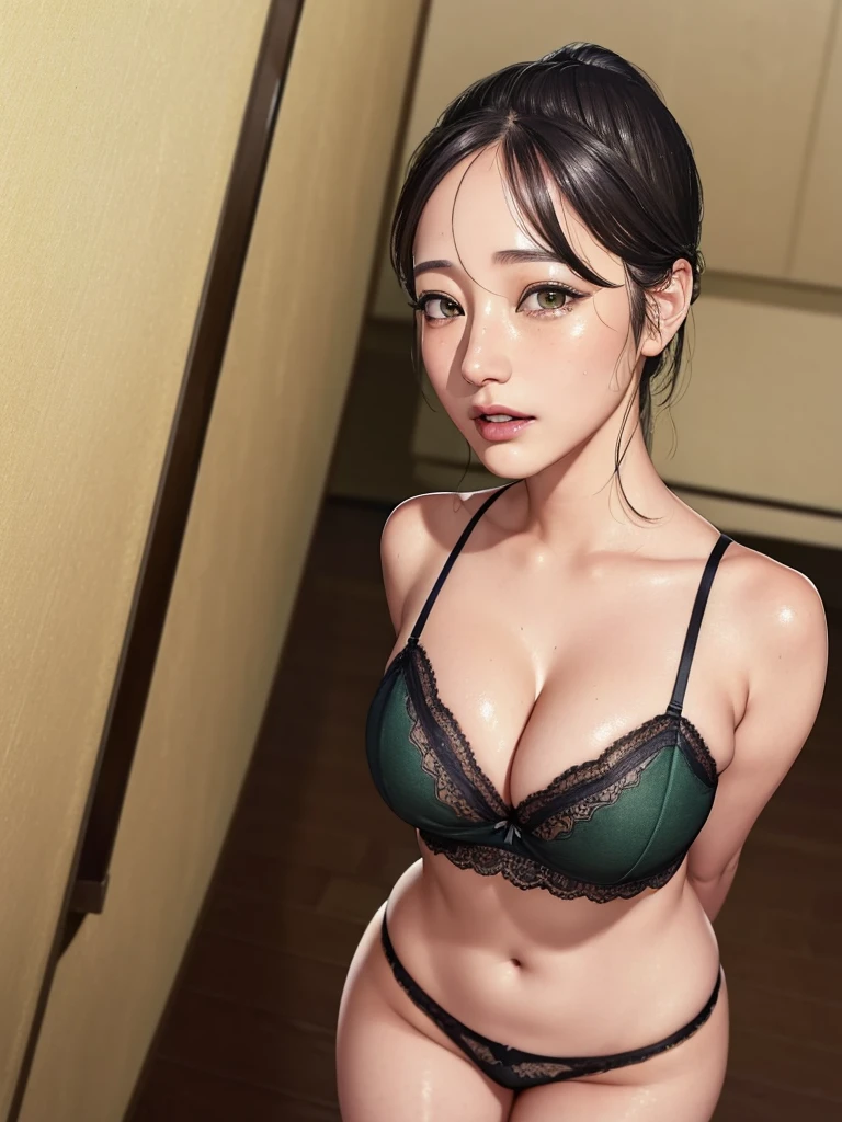 akaneyoshizawa, akane yoshizawa, black hair, ponytail, (green eyes:1.5), swept bangs, long hair,
 (Sexy Lingerie:1.4), (Big Breasts:1.5)、((Long eyelashes:1.4))、(Moody light)、Small face、(Detailed face)、(Detailed eyes)、(Realistic images)、(Mature Woman:1.5)
BREAK indoors, Hotel Room,
BREAK looking at viewer, (cowboy shot:1.5),standing, leaning forward, arms behind back
BREAK (masterpiece:1.2), best quality, high resolution,NSFW ,unity 8k wallpaper, (illustration:0.8), (beautiful detailed eyes:1.6), extremely detailed face, perfect lighting, extremely detailed CG, (perfect hands, perfect anatomy),