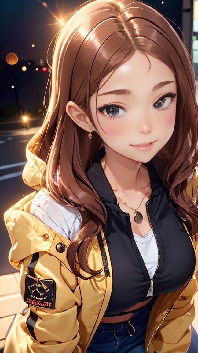 ((((highest quality)))), (((Super precision CG16K))), (((masterpiece))), (((Very detailed))), (((Very detailed))), (((Black outline:1.3, Written boundary depth:1.3 , Written soft outline))), Blur, Bokeh, Maximum clarity and sharpness,Multilayer Texture, Surface Shading, Cinema Lighting, Beautiful details shine ,Perfect balance, Only one female, break accurate, Anatomically correct, Very detailedな顔とSkin Texture, Drawn in detail, Very detailedな顔とSkin Texture, Fine grain, Beautiful Hair, Beautiful Japan idol face, Beautiful and beautiful eyes, Beautiful body, Beautiful breasts, Beautiful thighs, Beautiful feet, Beautiful fingers, (Beautiful views) , Skinny body, ((Beautiful Skin)), ((Skin Texture)) break breast enlarged, Big Breasts, Lively , (blush, smile:1.3, Brown eyes, Pink Cheeks, double eyelid, Thin eyebrows, Narrow eyes:1.3, Natural Cheeks, Shiny skin, Fair skin:1.2, (Glossy lips:1.4, Glossy Lips: 1.4 ), high school student, Attractive adult woman ) , Twin Blade, Long Hair, Striped Hair, Hair intake, inner hair color, break (Sports Casual, Wear outerwear that buttons up) , nail art, necklace, Bridal Ring, wearing a watch break (Flexion position , On one knee:1.3, stretch:1.3, Wet), Cowboy Shot, Breast close-up , From above:1.3