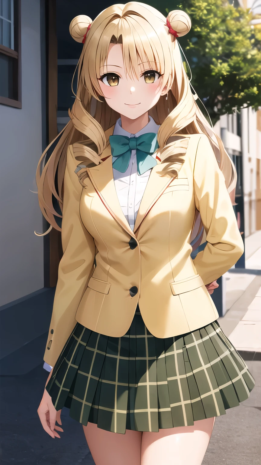 masterpiece, best quality, highres, 1girl, solo, long hair, blonde hair, double bun, drill hair, brown eyes, , green bowtie, blazer, yellow jacket, long sleeves, plaid skirt, green skirt, standing, cowboy shot, outdoors, smile,