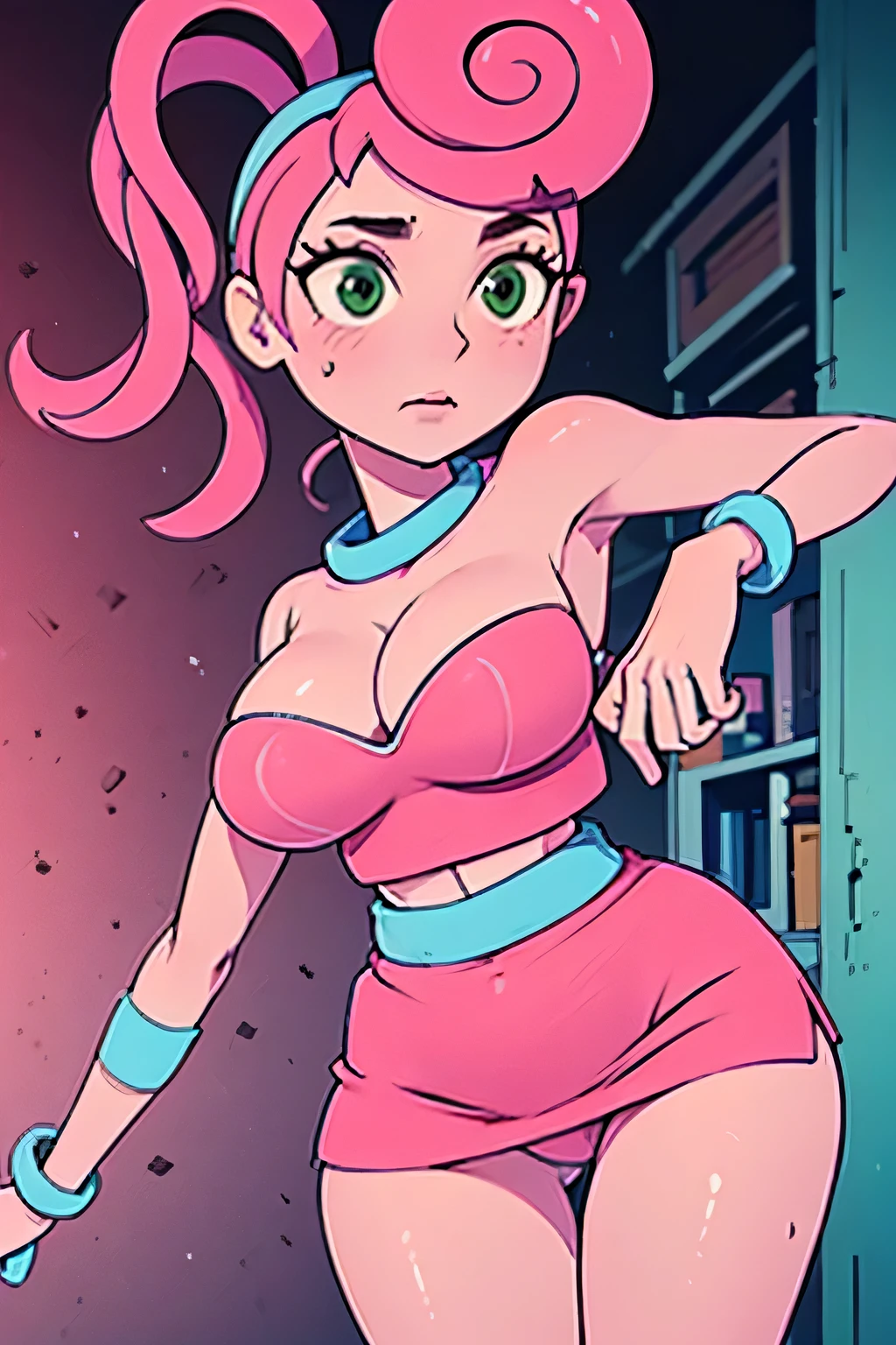 A tall girl, beautiful, sexy, cute, big breast, pink hair, long braids, menchon on the side, her green eye, pink lip, wearing a pink bra, top, and her pink miniskirt, pink metallic boot, wearing a pink glove, blue bracelet, arms. 